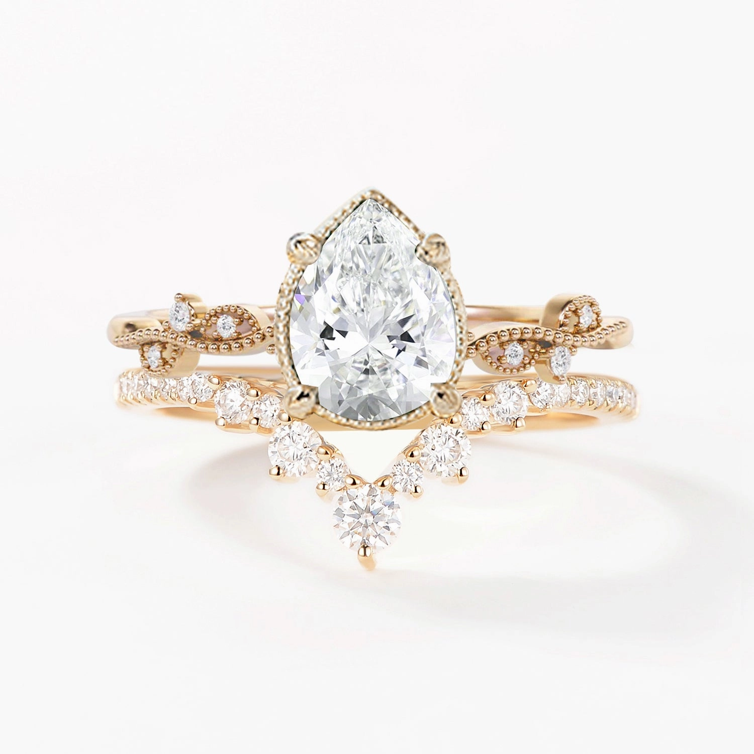 Chic Gem Fashion Mood 1.5ct Pear Moissanite Vintage Halo Ring Set 2pcs