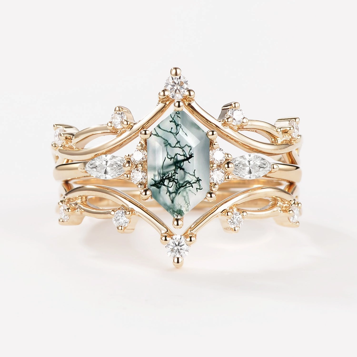 Long Hexagon Moss Agate Leafy Engagement Ring Set 3pcs Party Detail Handcrafted Design