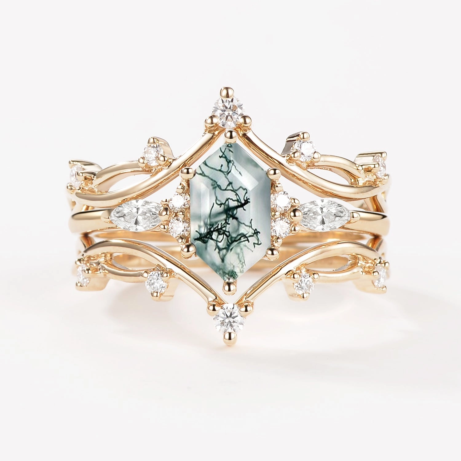 Modern Fit Classic Detail Long Hexagon Moss Agate Leafy Engagement Ring Set 3pcs