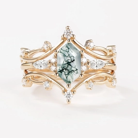 Long Hexagon Moss Agate Leafy Engagement Ring Set 3pcs Evening Look