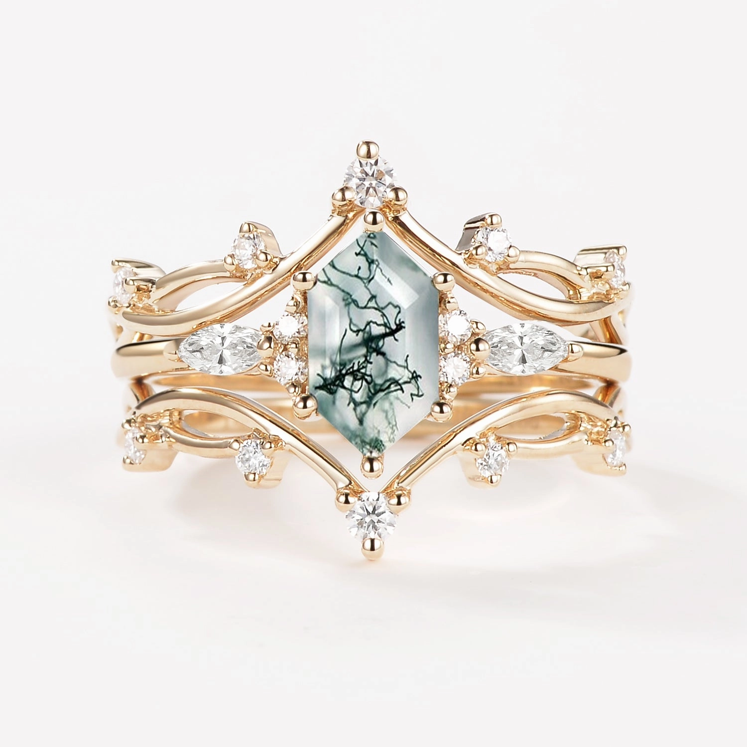 Handmade Craft Long Hexagon Moss Agate Leafy Engagement Ring Set 3pcs