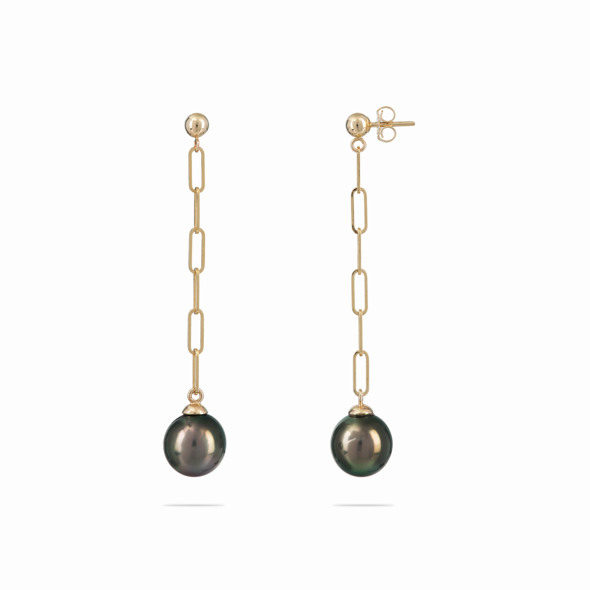 Elite Accent Tahitian Black Pearl Paperclip Chain Earrings in Gold - 9-10mm