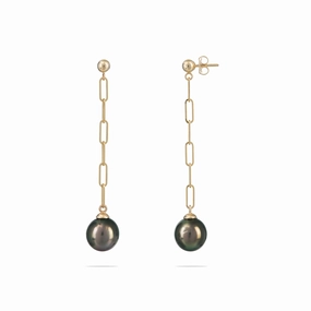 Elite Accent Tahitian Black Pearl Paperclip Chain Earrings in Gold - 9-10mm