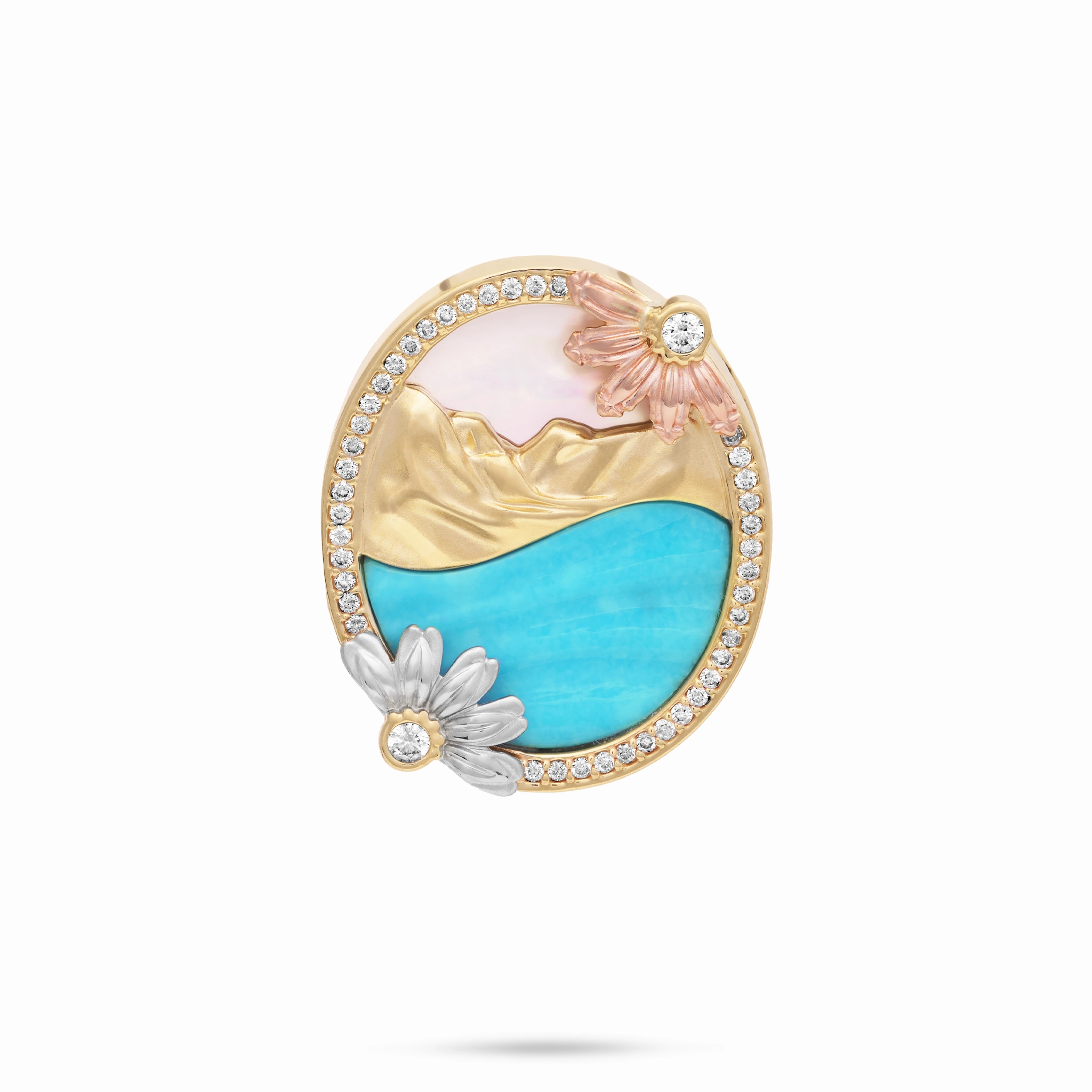 Beach & Mountain Naupaka Turquoise & Mother of Pearl Pendant in Tri Color Gold with Diamonds Timeless Sparkle