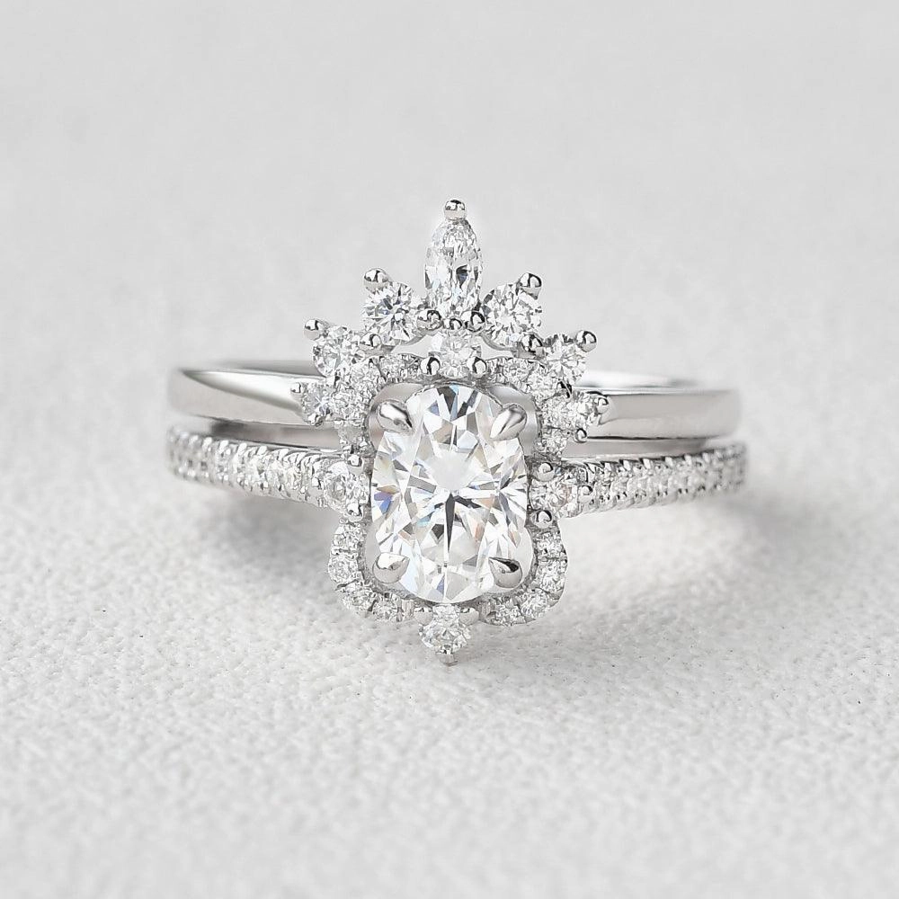 1.5ct Oval Moissanite Art-Deco Cluster Ring Set 2pcs Outfit Enhancer