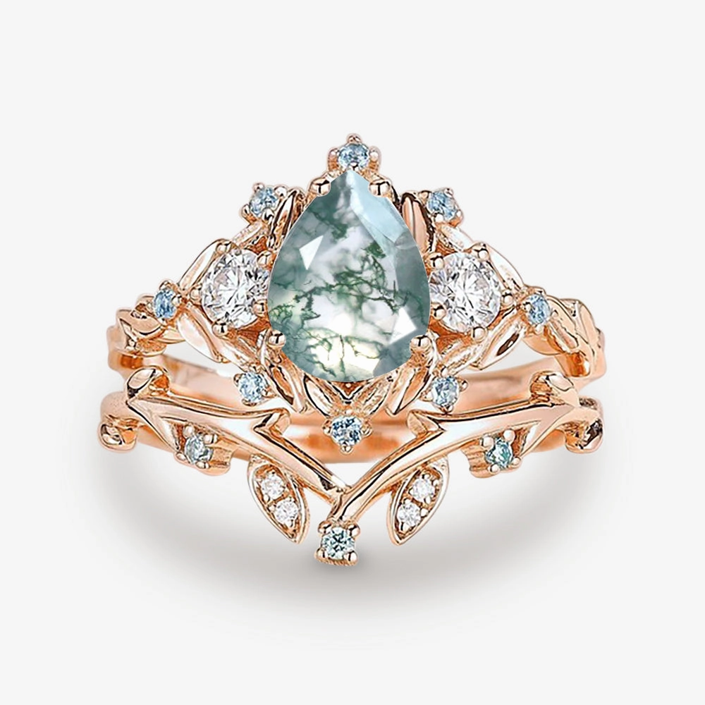 Shining Gem Soft Form Pear Shaped Moss Agate & Blue Topaz Leafy Ring Set 2pcs