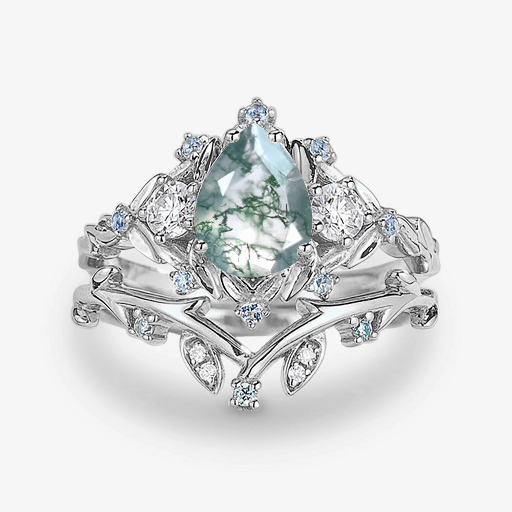 Pear Shaped Moss Agate & Blue Topaz Leafy Ring Set 2pcs Low-Cost Adornment