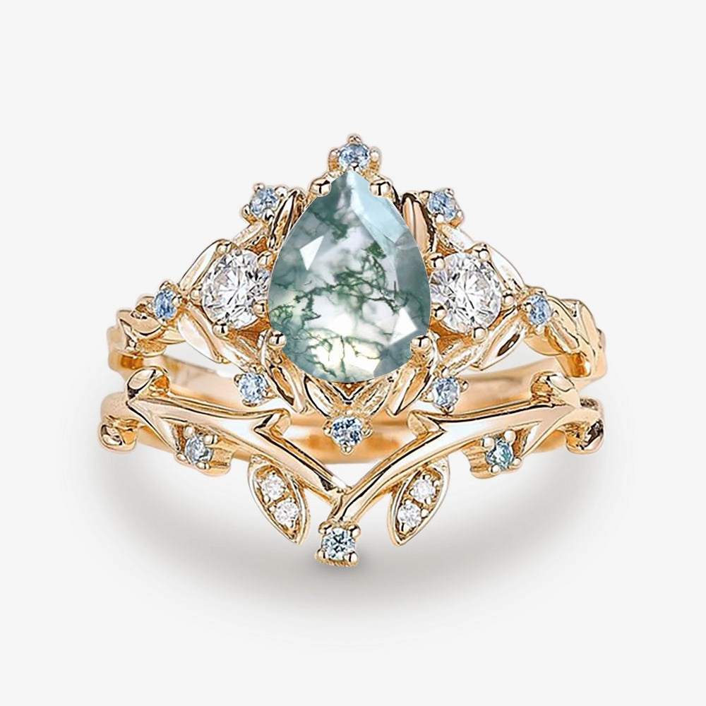 Contemporary Jewelry Vintage Keepsake Pear Shaped Moss Agate & Blue Topaz Leafy Ring Set 2pcs