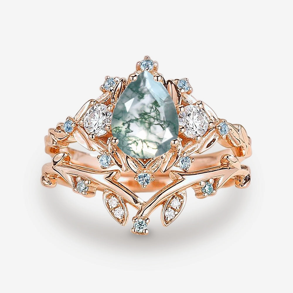 Bold Statement Economical Embellishment Pear Shaped Moss Agate & Blue Topaz Leafy Ring Set 2pcs
