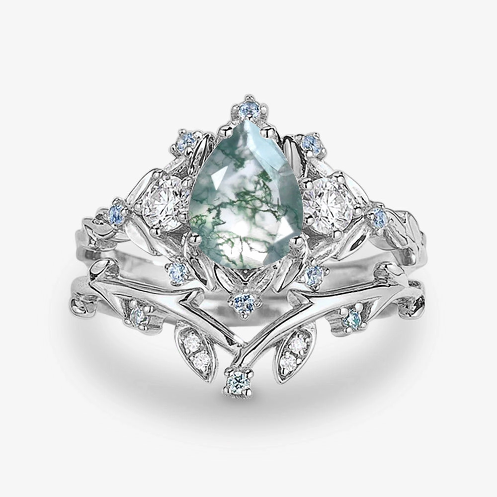 Classic Shape Pear Shaped Moss Agate & Blue Topaz Leafy Ring Set 2pcs