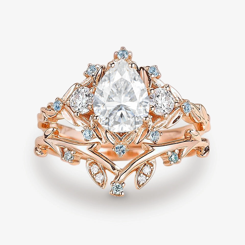 Elegant Structure Personal Jewelry Pear Shaped Moss Agate & Blue Topaz Leafy Ring Set 2pcs