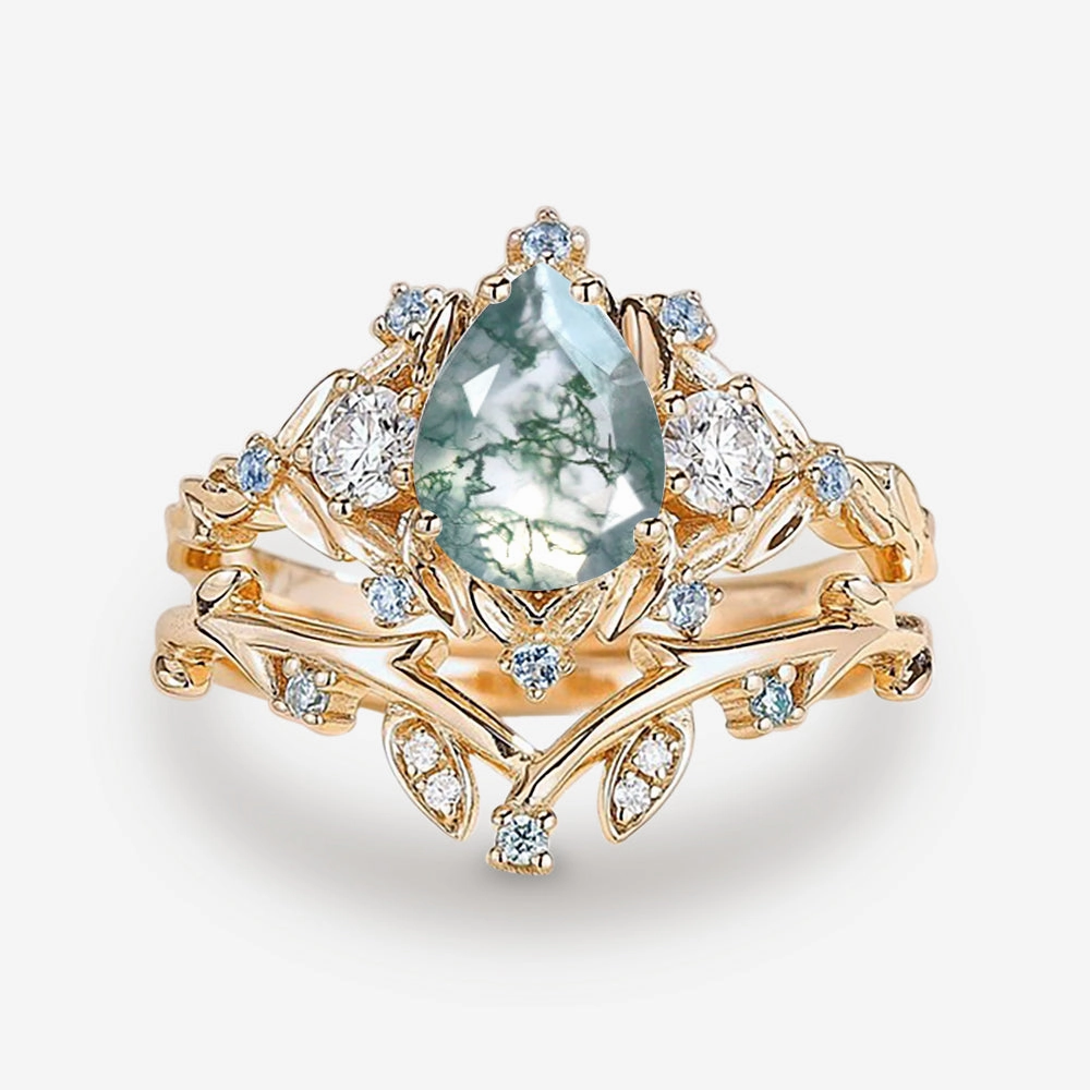 Elegant Craftwork Pear Shaped Moss Agate & Blue Topaz Leafy Ring Set 2pcs