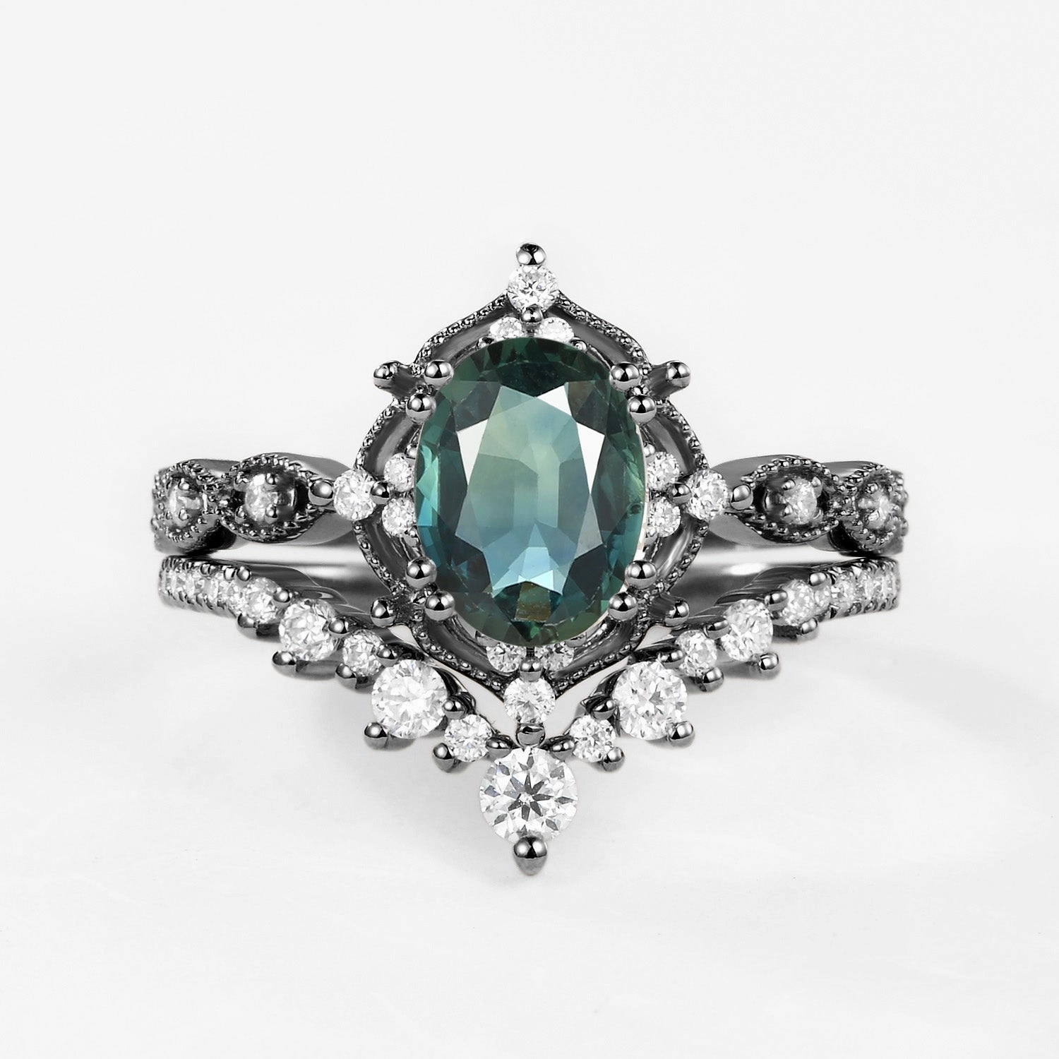 Shiny Embellishment Shiny look Signature Vintage - Oval Cut Teal Sapphire Vintage Ring Set 2pcs - Charlotte