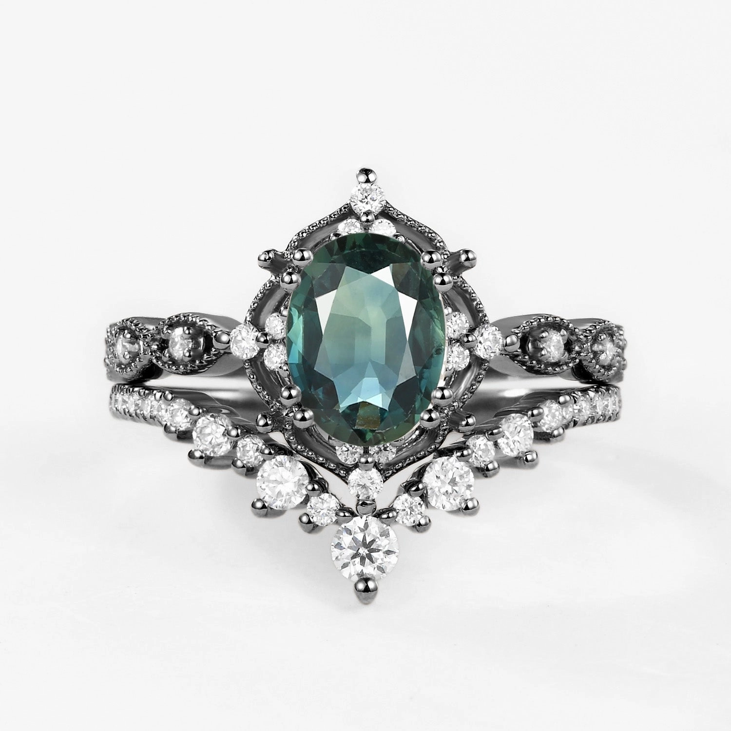 Personal Favorite Excellent Gift Signature Vintage - Oval Cut Teal Sapphire Vintage Ring Set 2pcs - Charlotte