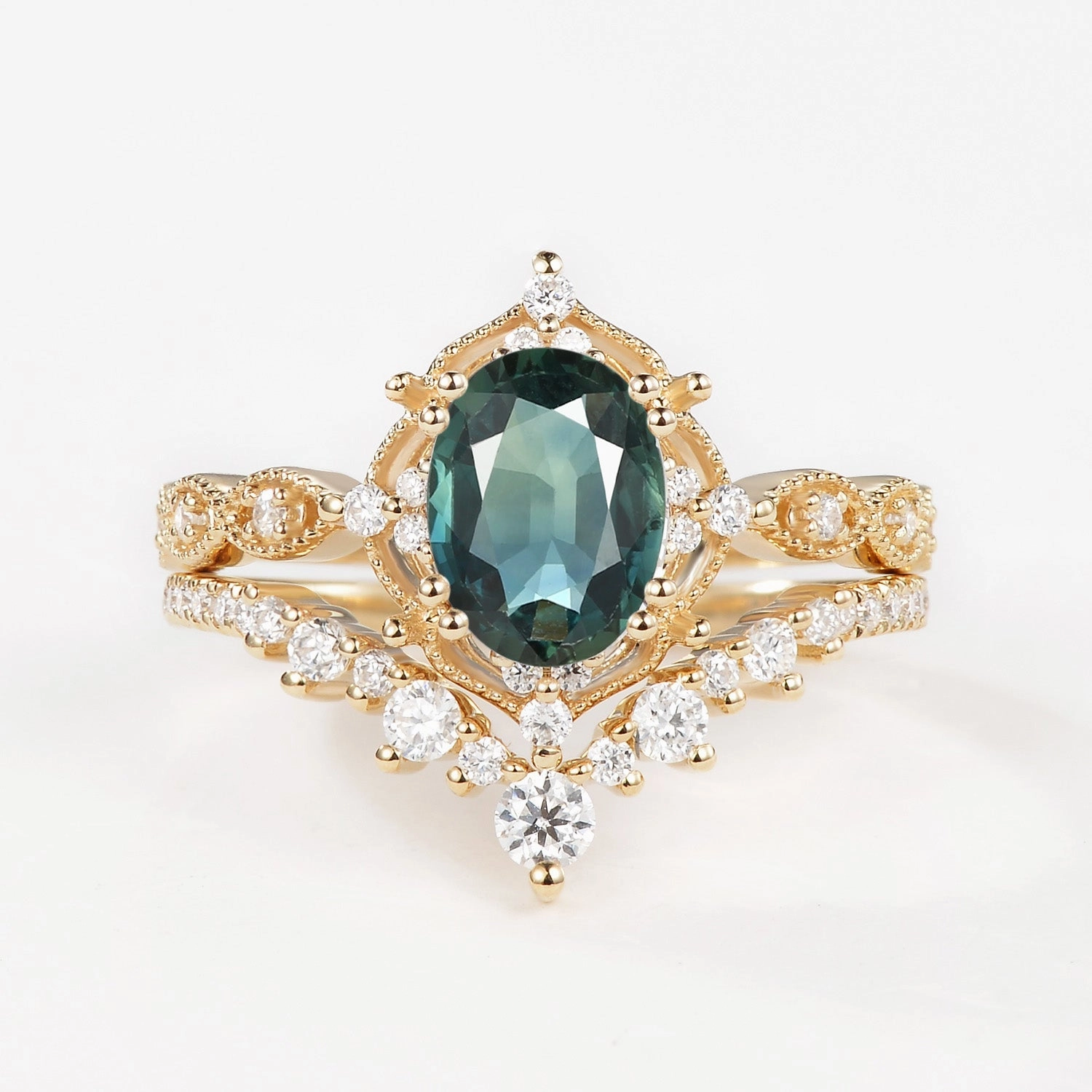 Delicate Style Signature Vintage - Oval Cut Teal Sapphire Vintage Ring Set 2pcs - Charlotte