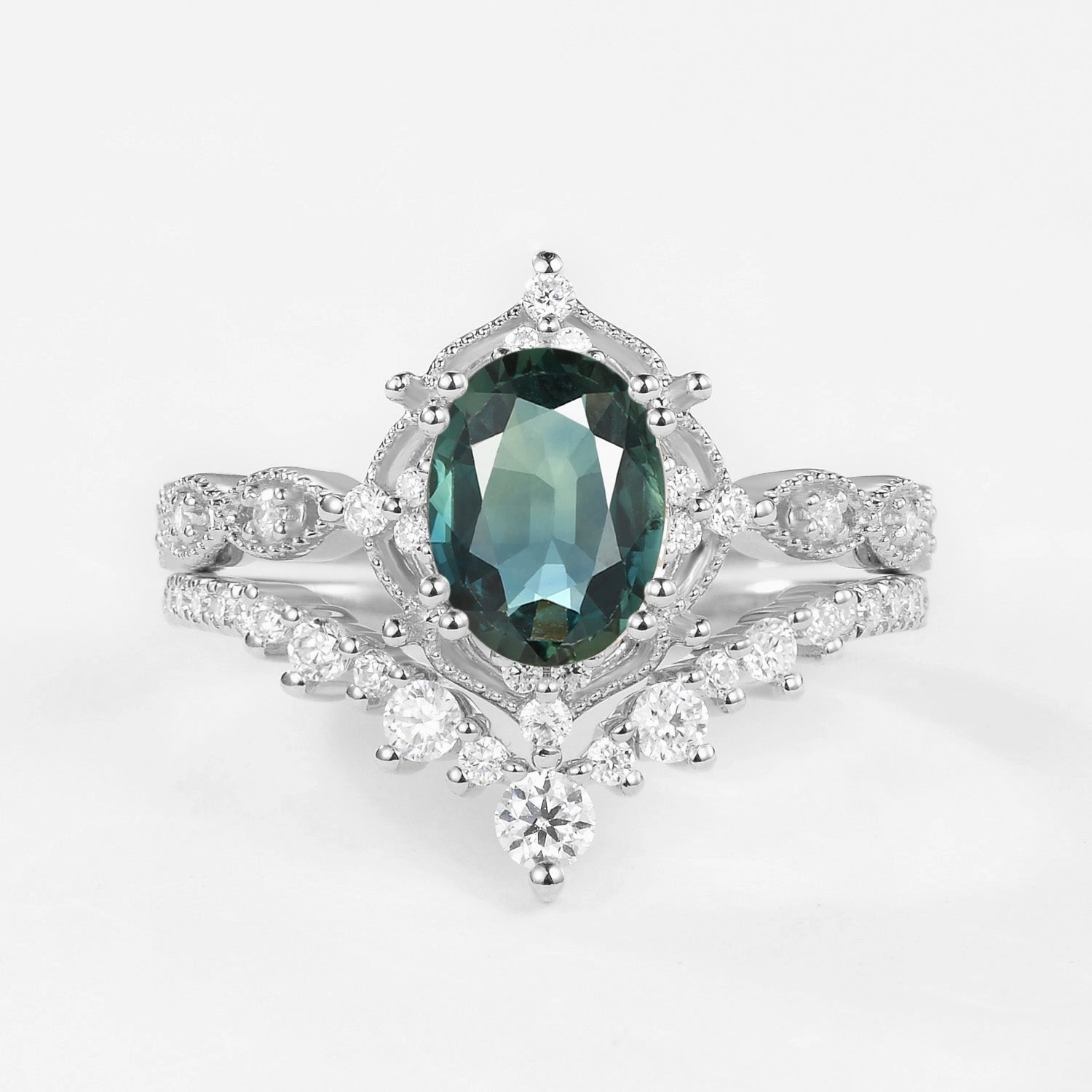 Signature Vintage - Oval Cut Teal Sapphire Vintage Ring Set 2pcs - Charlotte Modern Mood
