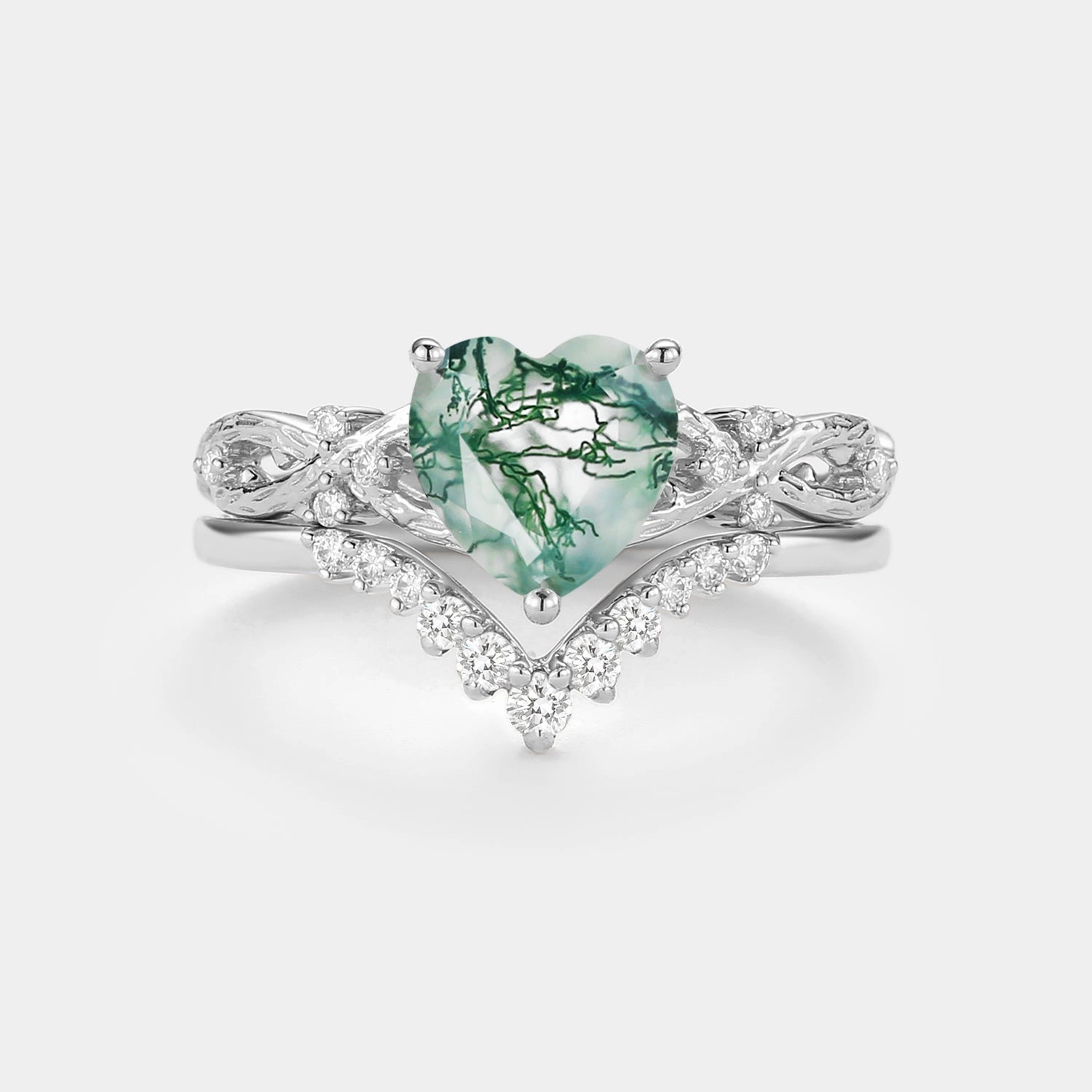 Bold Detail Minimalist Bauble Infinity Heart Shaped Natural Moss Agate Ring Set 2pcs - Elle