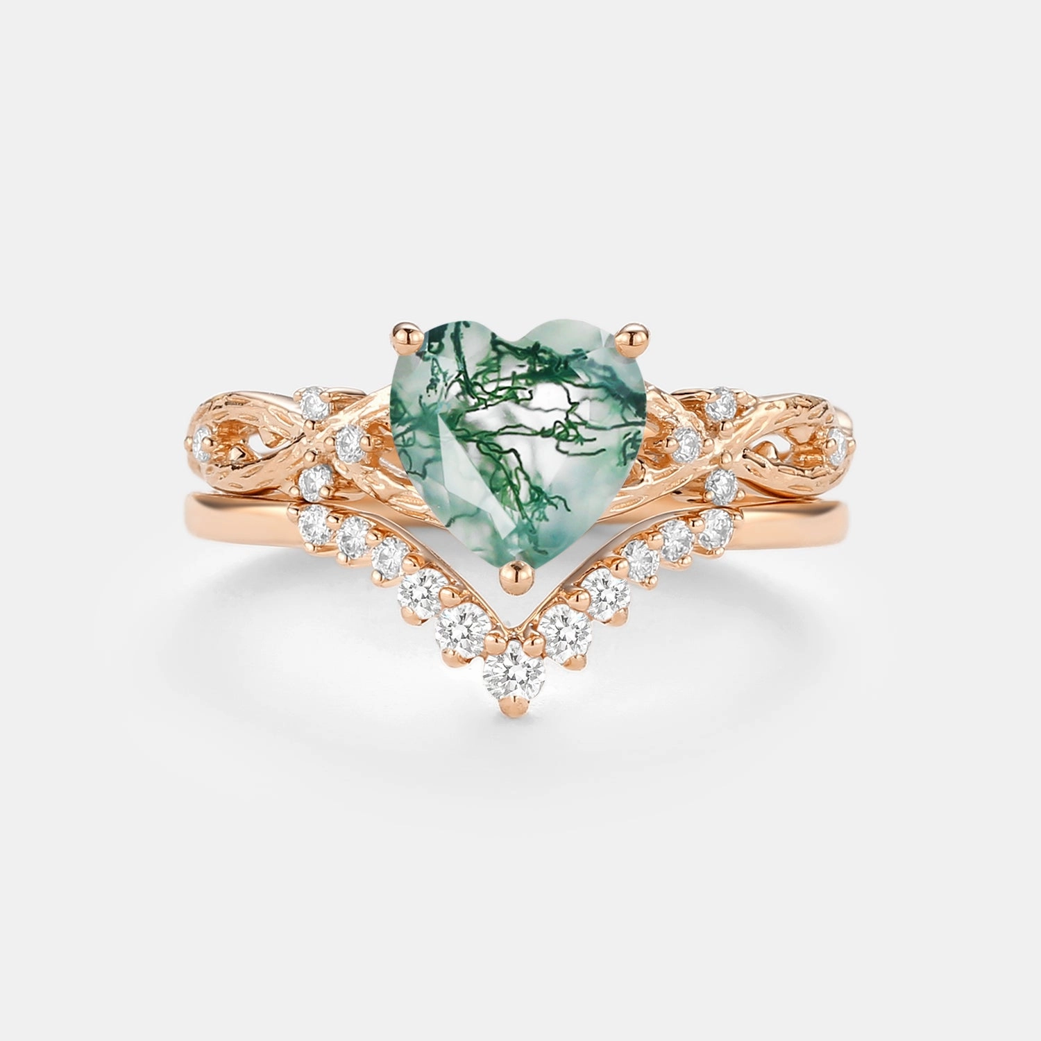Infinity Heart Shaped Natural Moss Agate Ring Set 2pcs - Elle Triangular Pattern