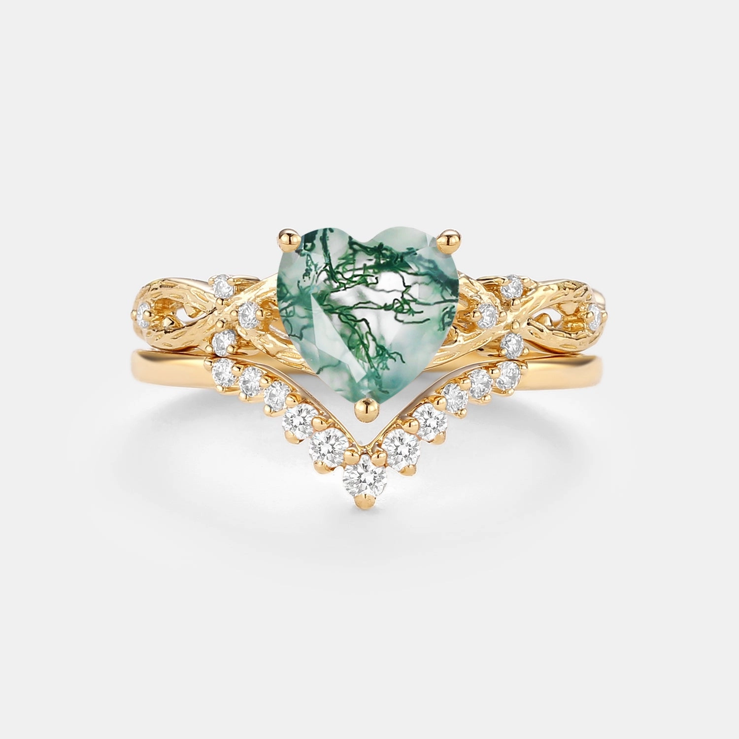 Winter Look Daily Simplicity Infinity Heart Shaped Natural Moss Agate Ring Set 2pcs - Elle