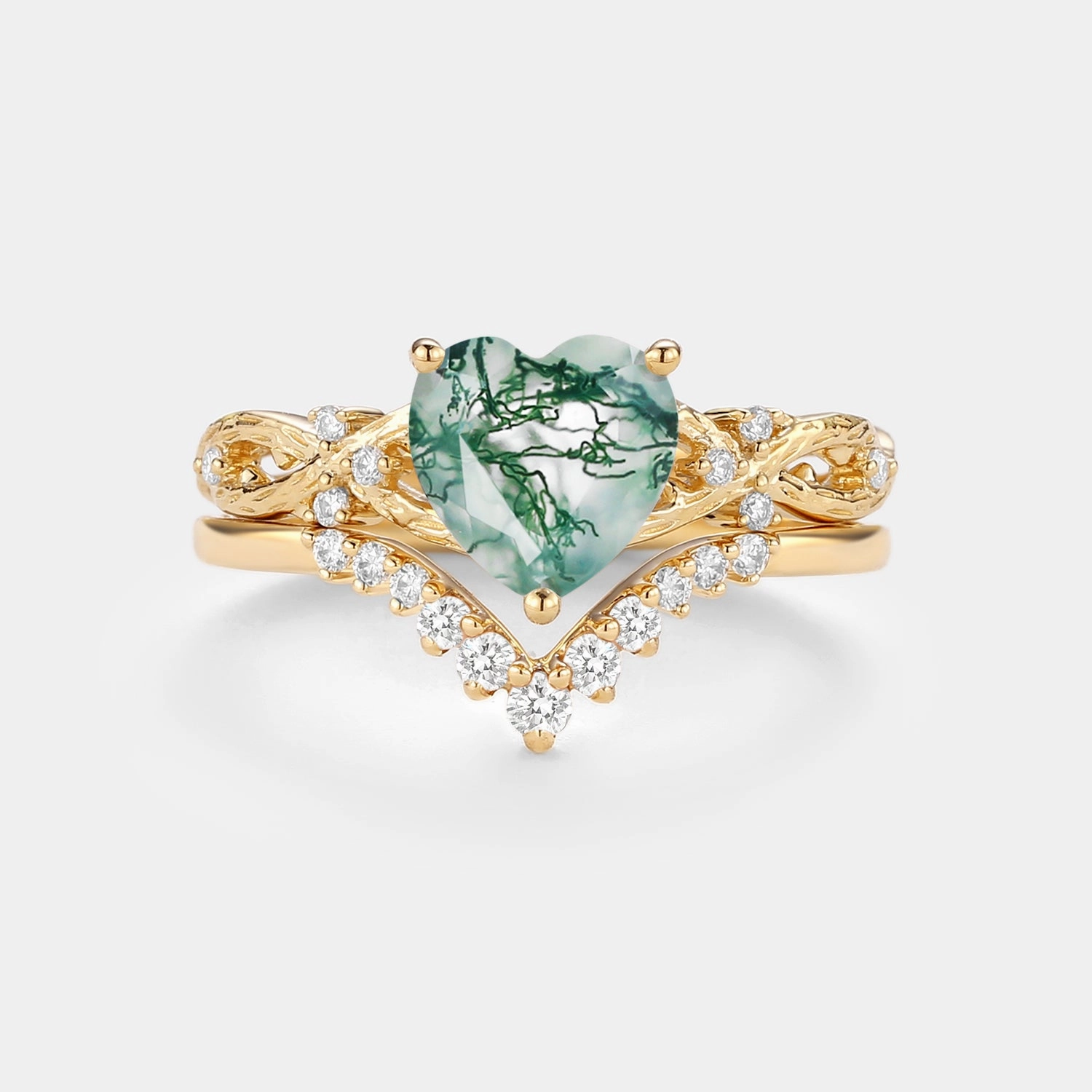 Infinity Heart Shaped Natural Moss Agate Ring Set 2pcs - Elle party accessory Radiant Accent