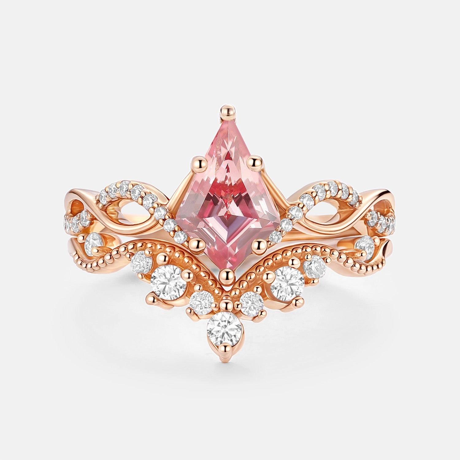 Infinity Kite Cut Lab Padparadscha Engagement Ring Set 2pcs Customizable Design