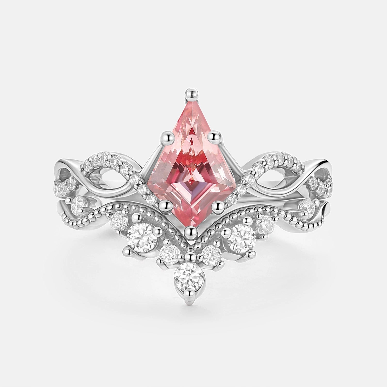 Infinity Kite Cut Lab Padparadscha Engagement Ring Set 2pcs Artisan Jewelry Timeless Spark