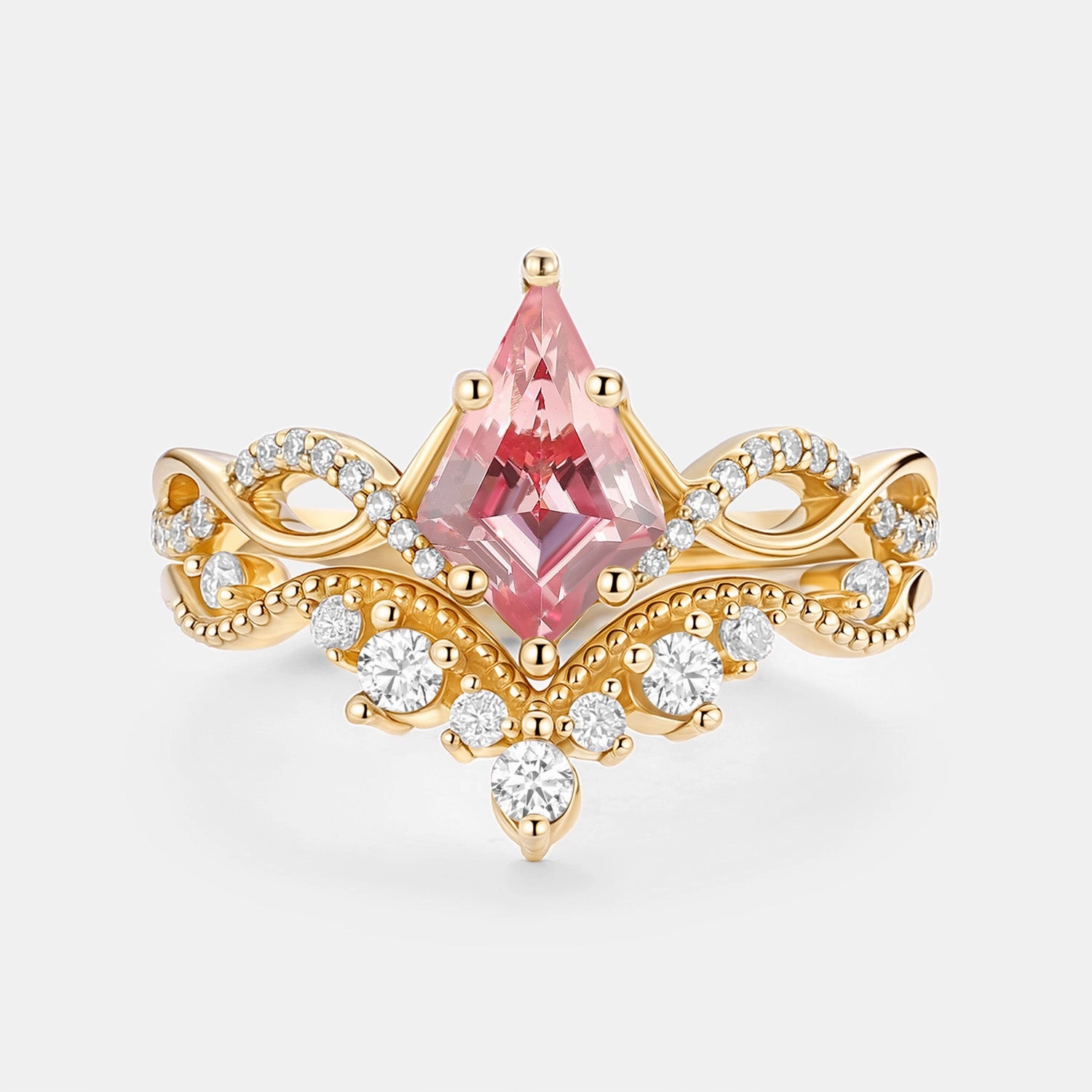 Infinity Kite Cut Lab Padparadscha Engagement Ring Set 2pcs Favorite Accent Fashionable pieces