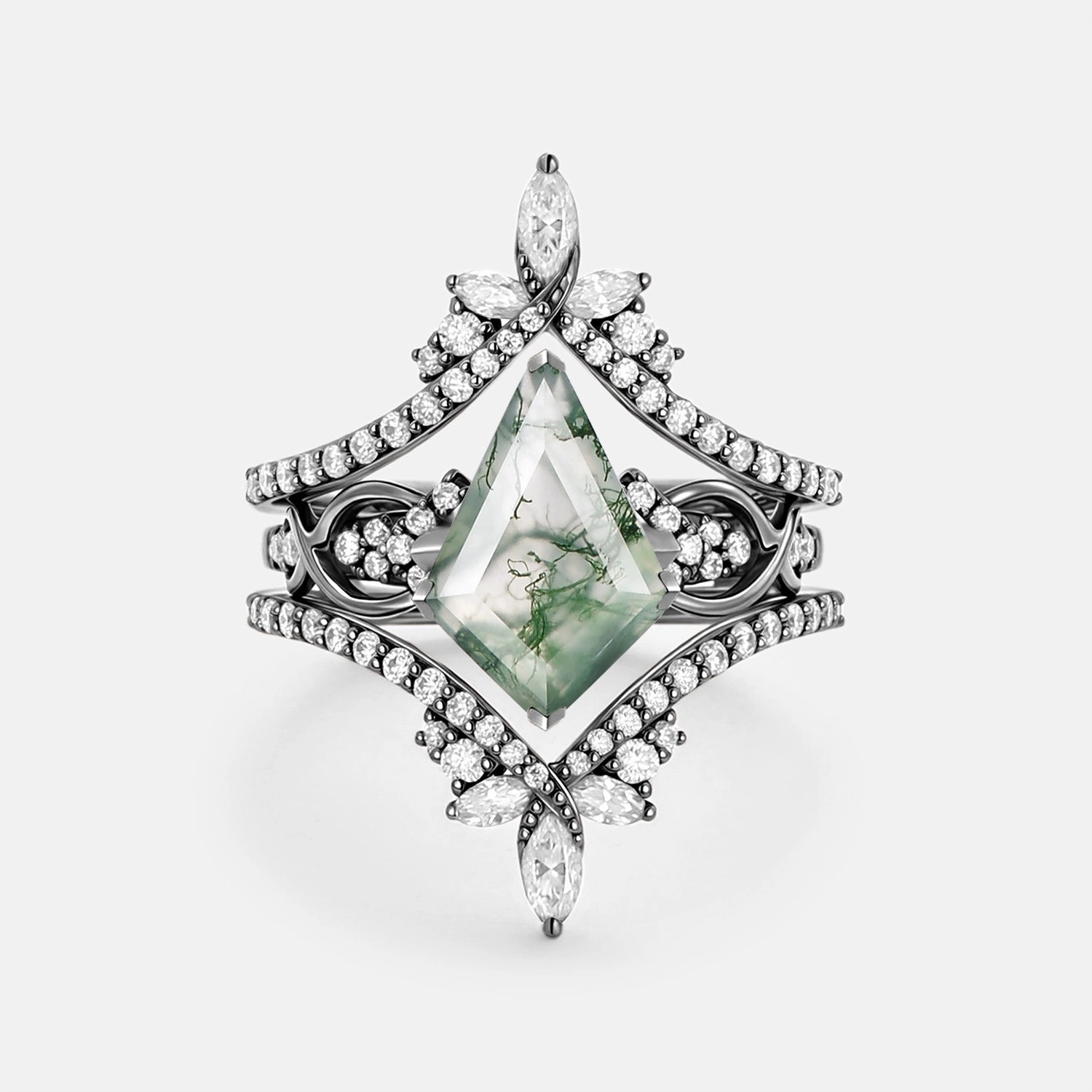 Infinity Kite Cut Moss Agate Cluster Cage Ring Set - Kest Sophisticated Jewelry Design