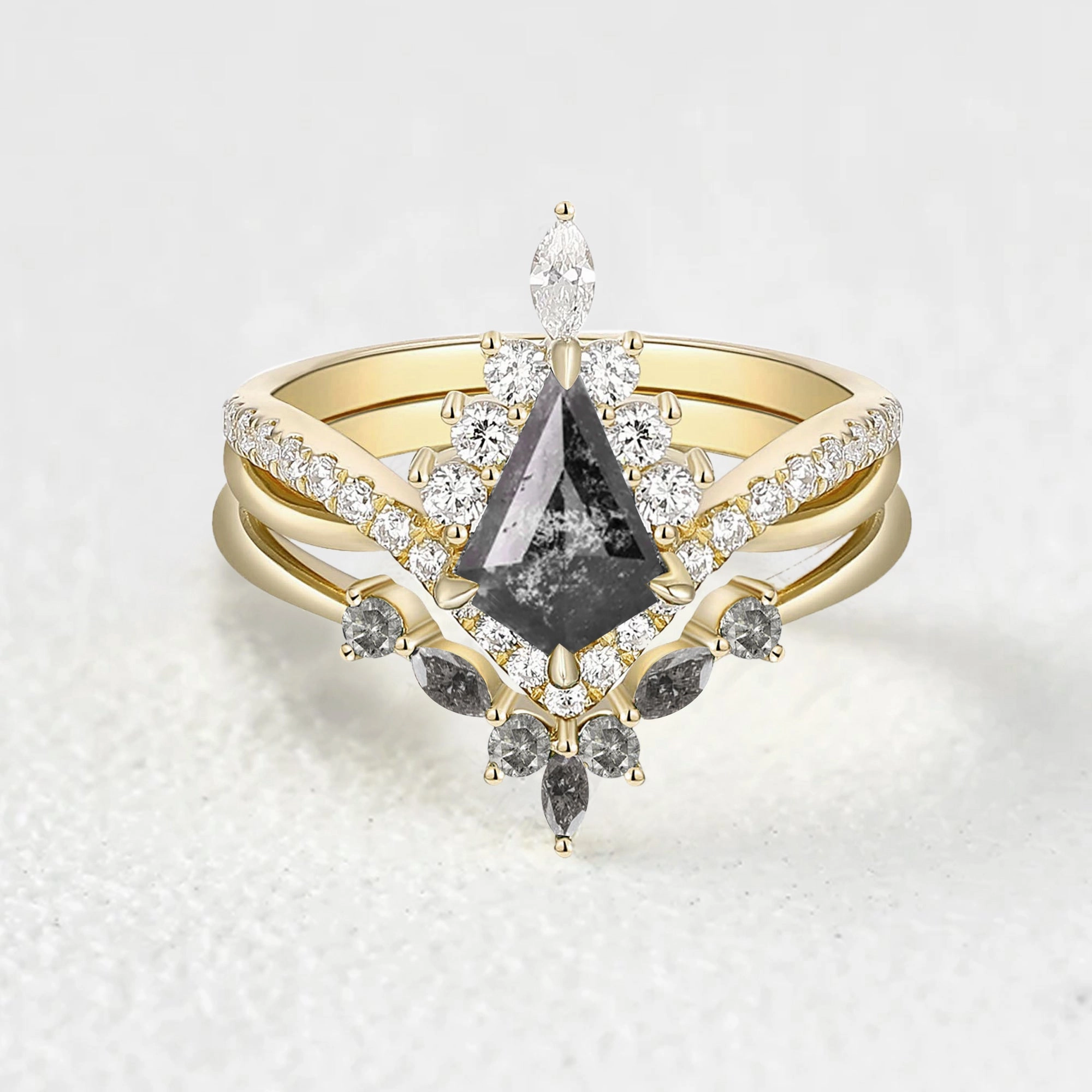 Infinity Kite Salt and Pepper Diamonds Halo Engagement Ring Set 2pcs Designer Article