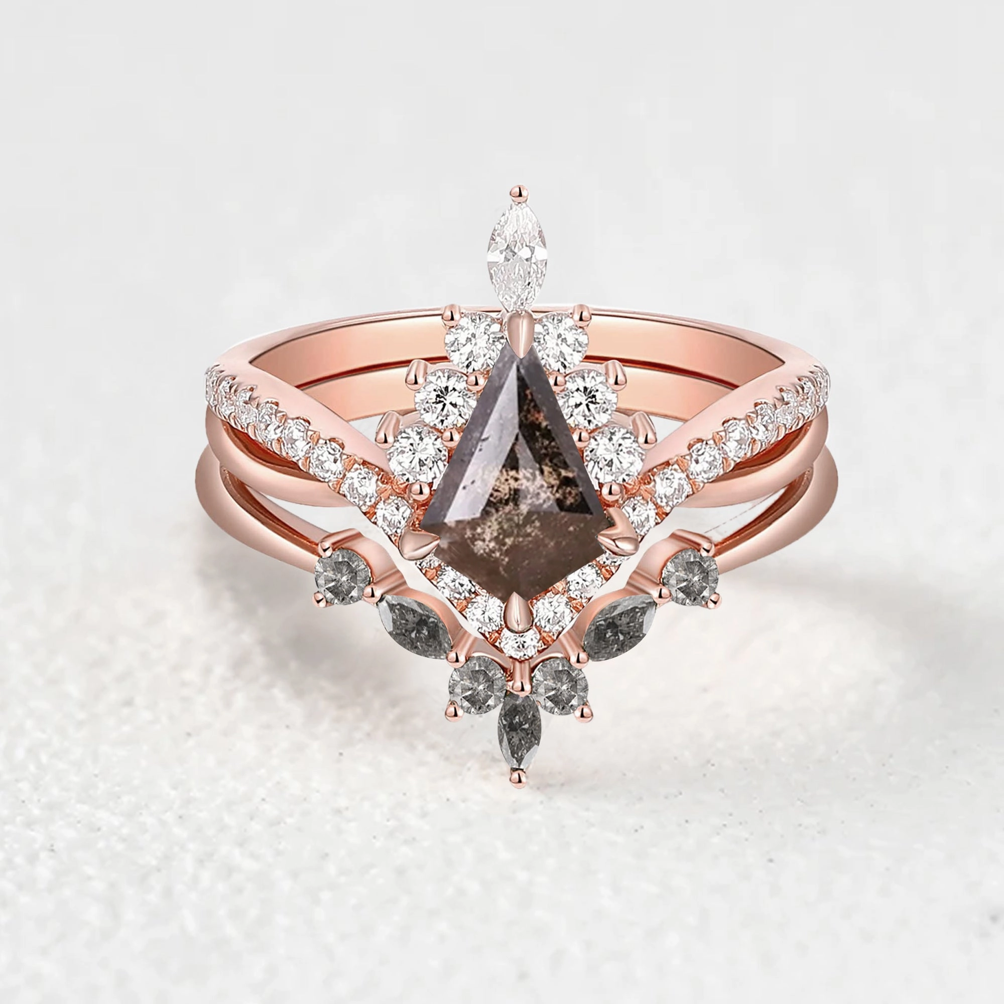 Infinity Kite Salt and Pepper Diamonds Halo Engagement Ring Set 2pcs Opulent Shine