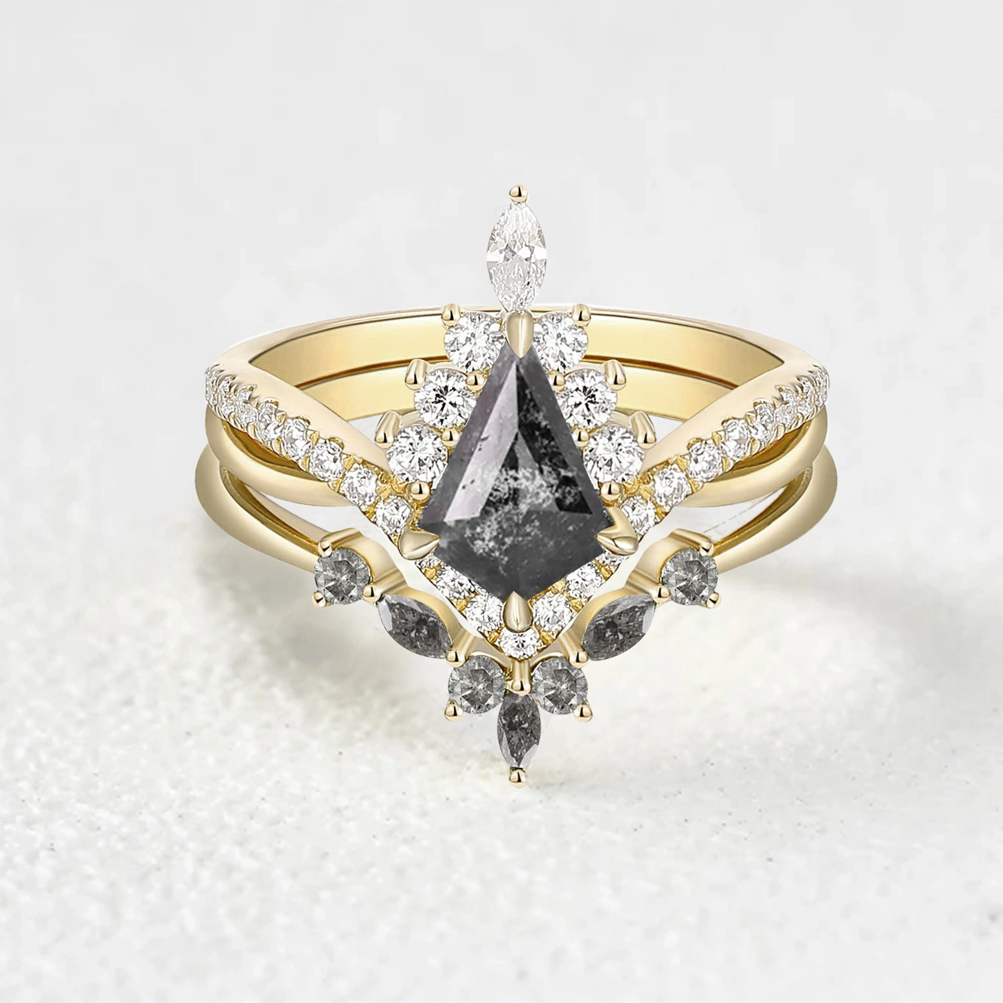 Chic Flair Stylish Accent Infinity Kite Salt and Pepper Diamonds Halo Engagement Ring Set 2pcs