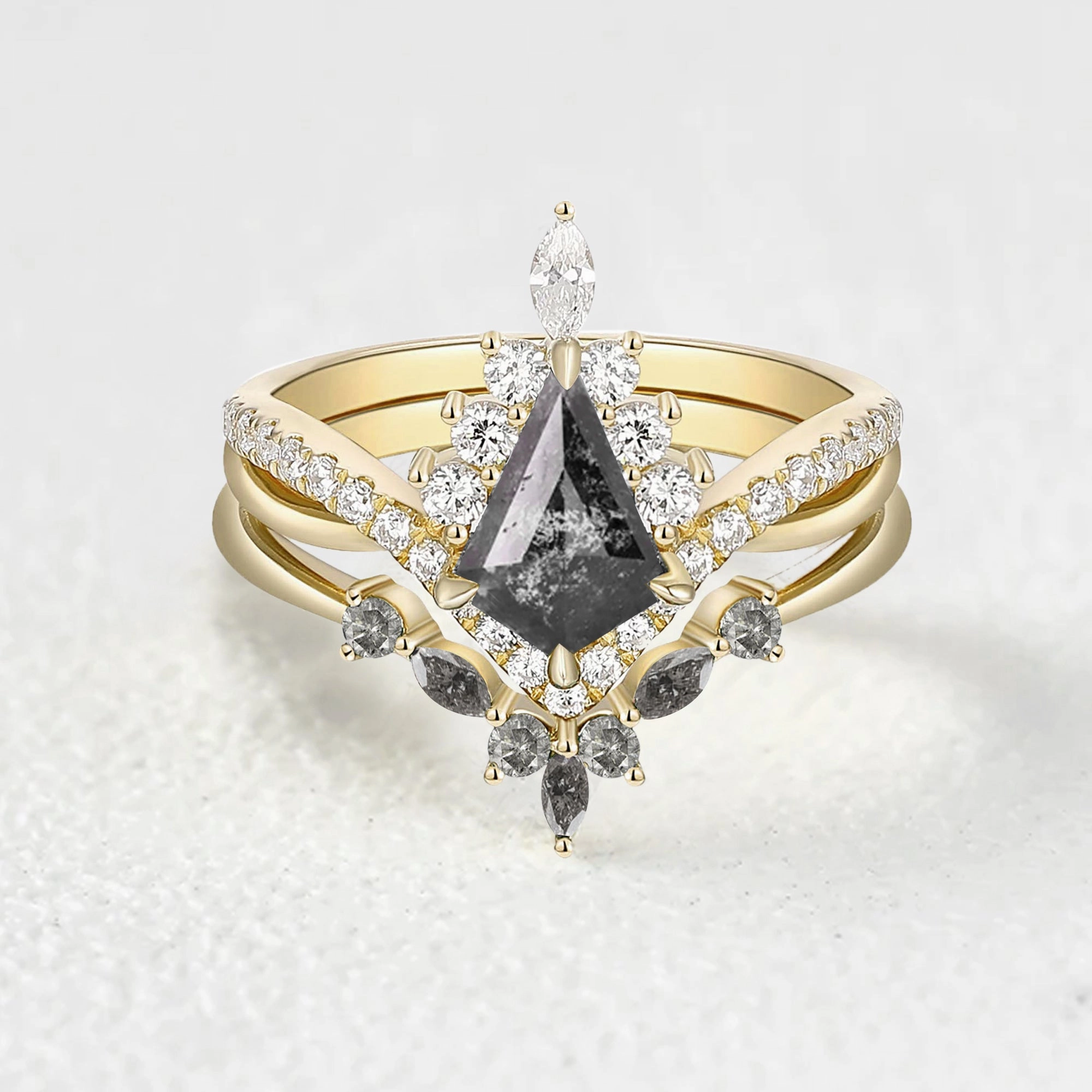 Infinity Kite Salt and Pepper Diamonds Halo Engagement Ring Set 2pcs Graceful Edge Bold Jewelry