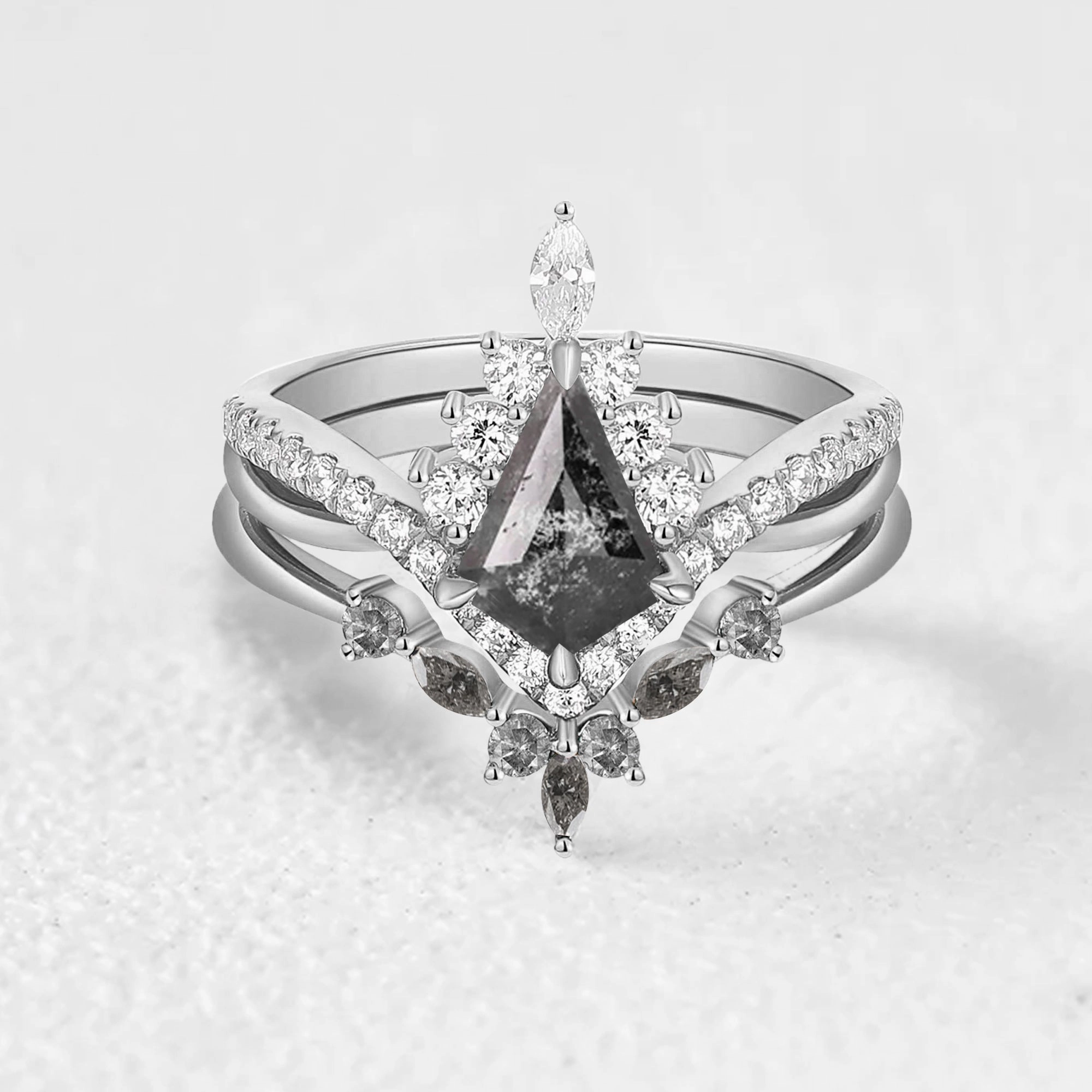 Modern Flow Shiny Creations Infinity Kite Salt and Pepper Diamonds Halo Engagement Ring Set 2pcs