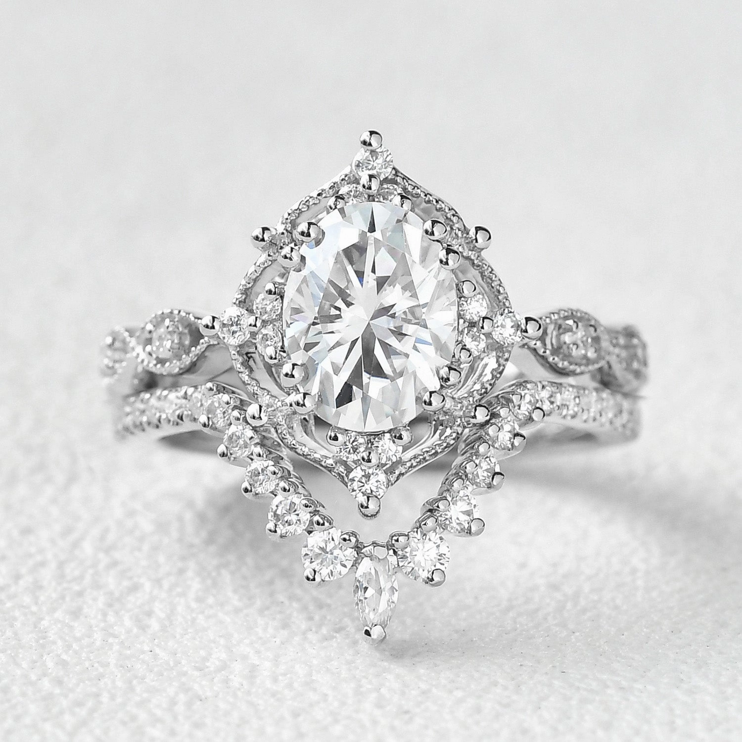 1.5ct Moissanite Vintage Inspired Chevron Ring Set 2pcs Refined Finish Matte Look