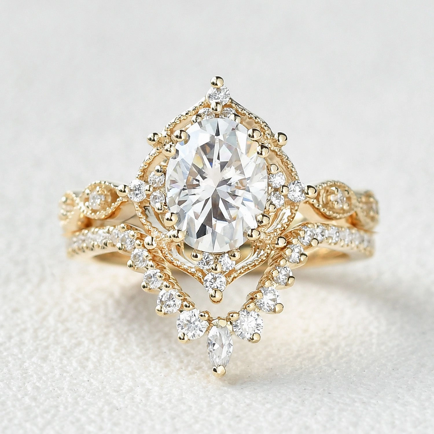 Ornate Bauble Wedding Gift 1.5ct Moissanite Vintage Inspired Chevron Ring Set 2pcs