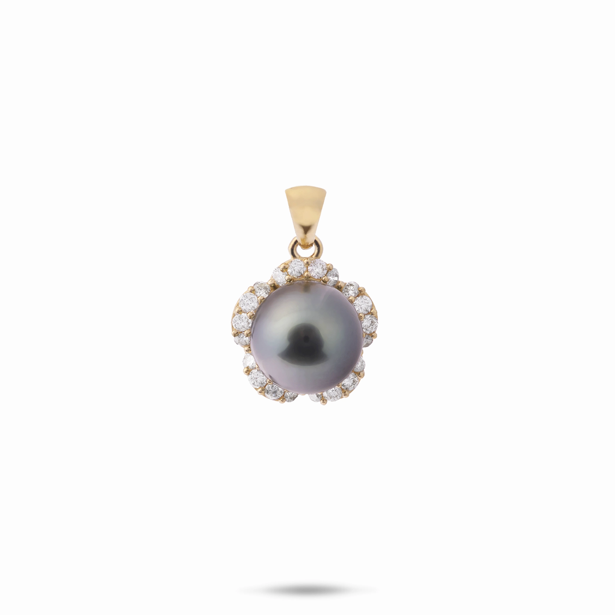Exquisite Craft Plumeria Tahitian Black Pearl Pendant in Gold with Diamonds - 9-10mm