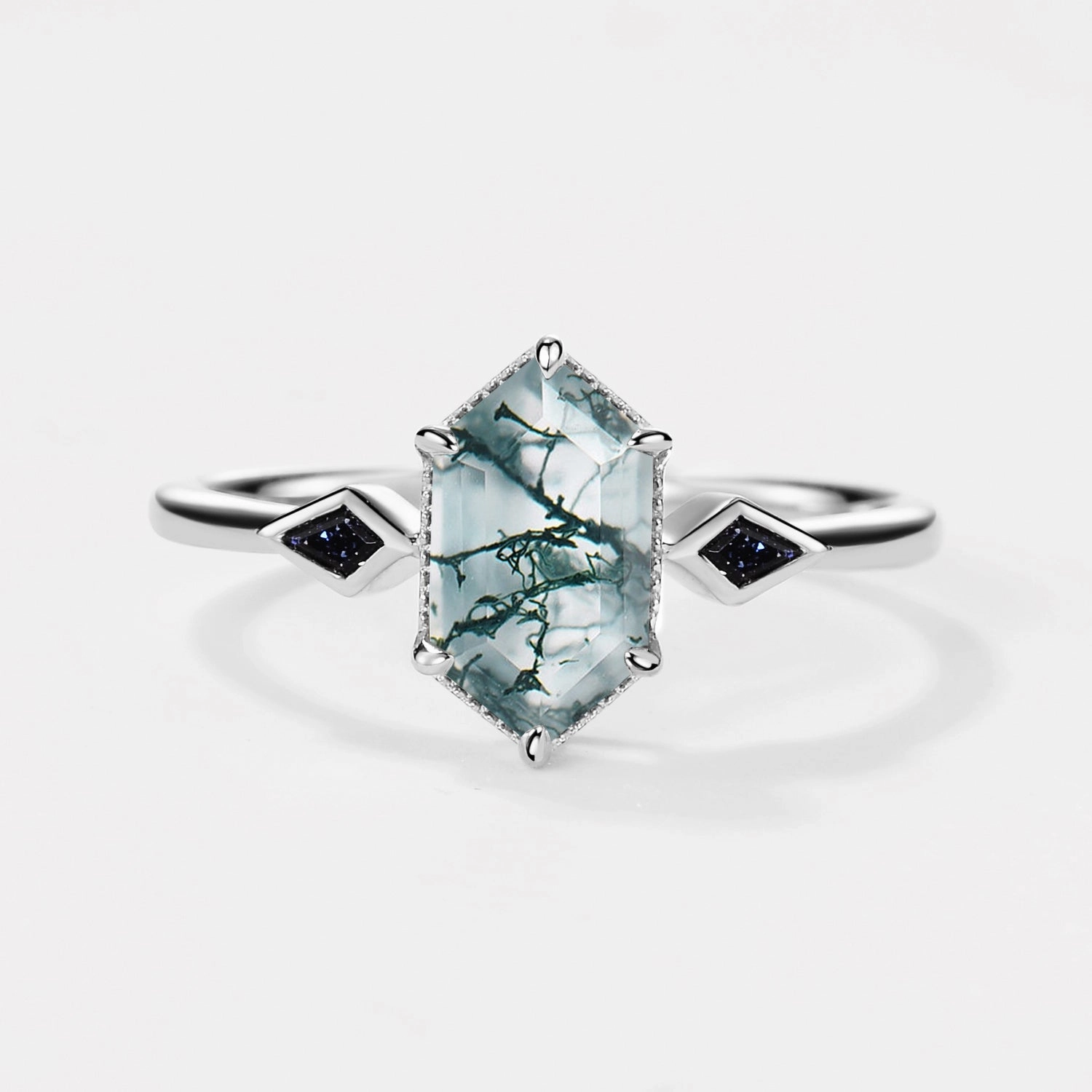 Three Stone Hexagon Moss Agate & Kite Blue Sandstone Engagement Ring Modern Balance
