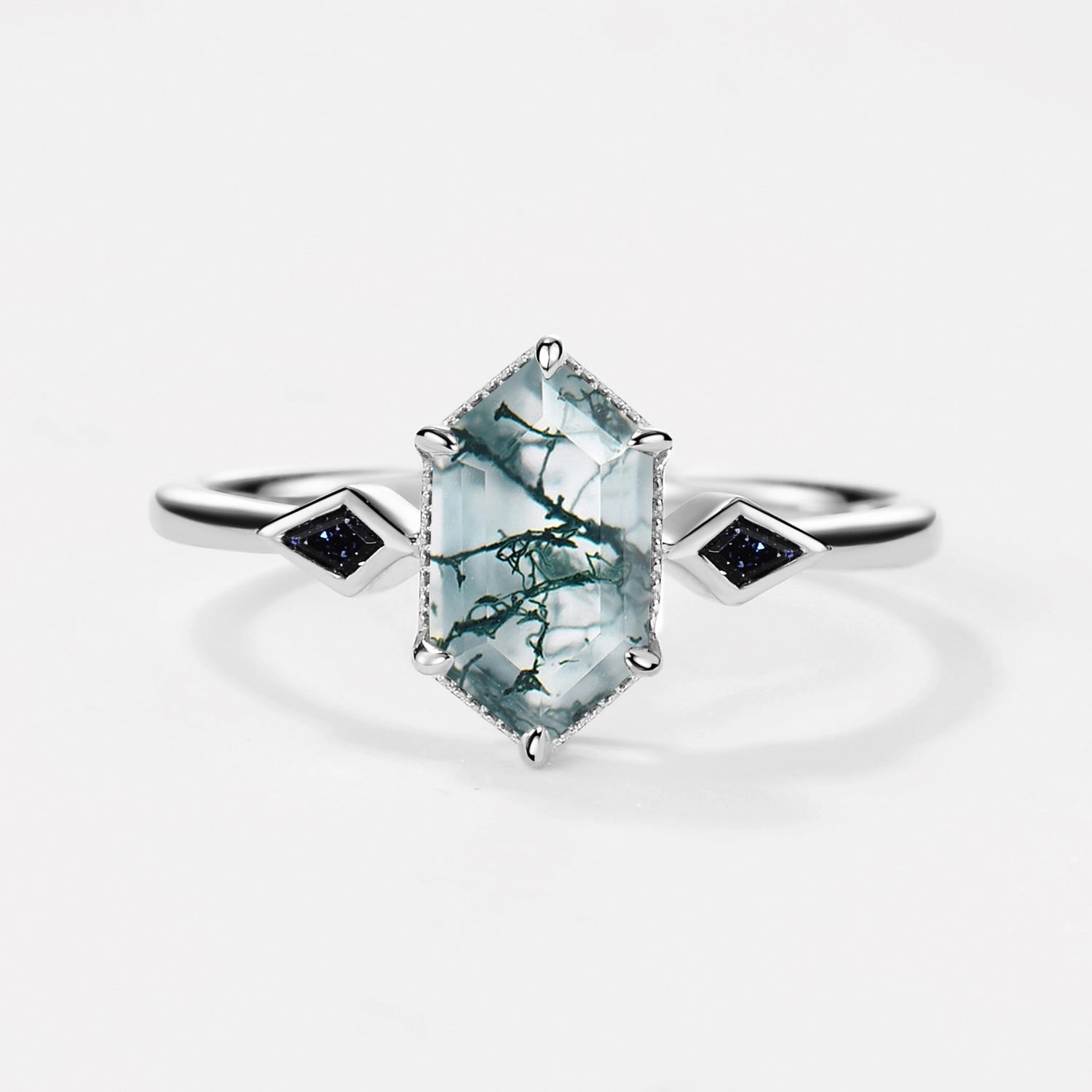 Three Stone Hexagon Moss Agate & Kite Blue Sandstone Engagement Ring Romantic Touch Premium Sparkle