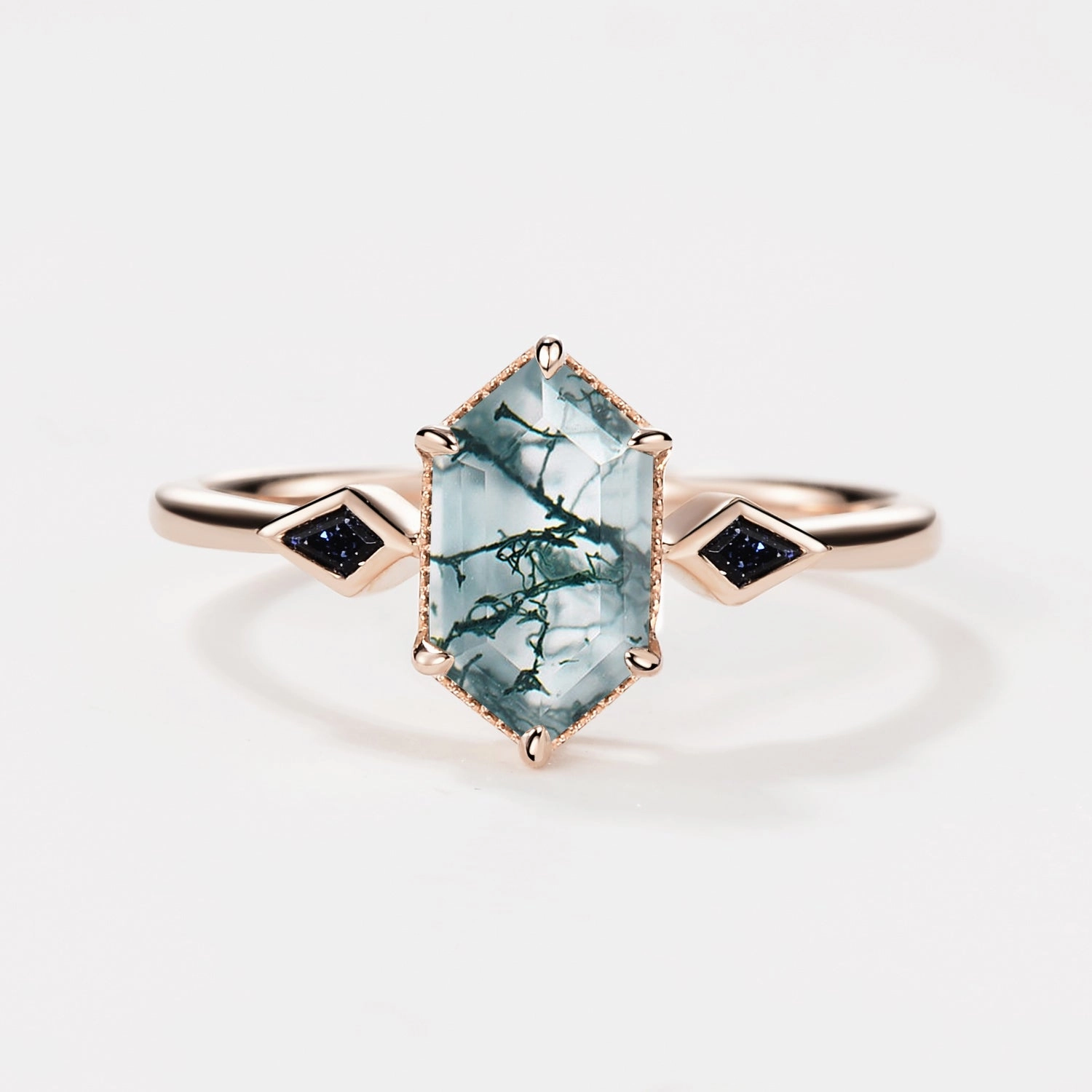 Three Stone Hexagon Moss Agate & Kite Blue Sandstone Engagement Ring Glamorous Item Chic Statement