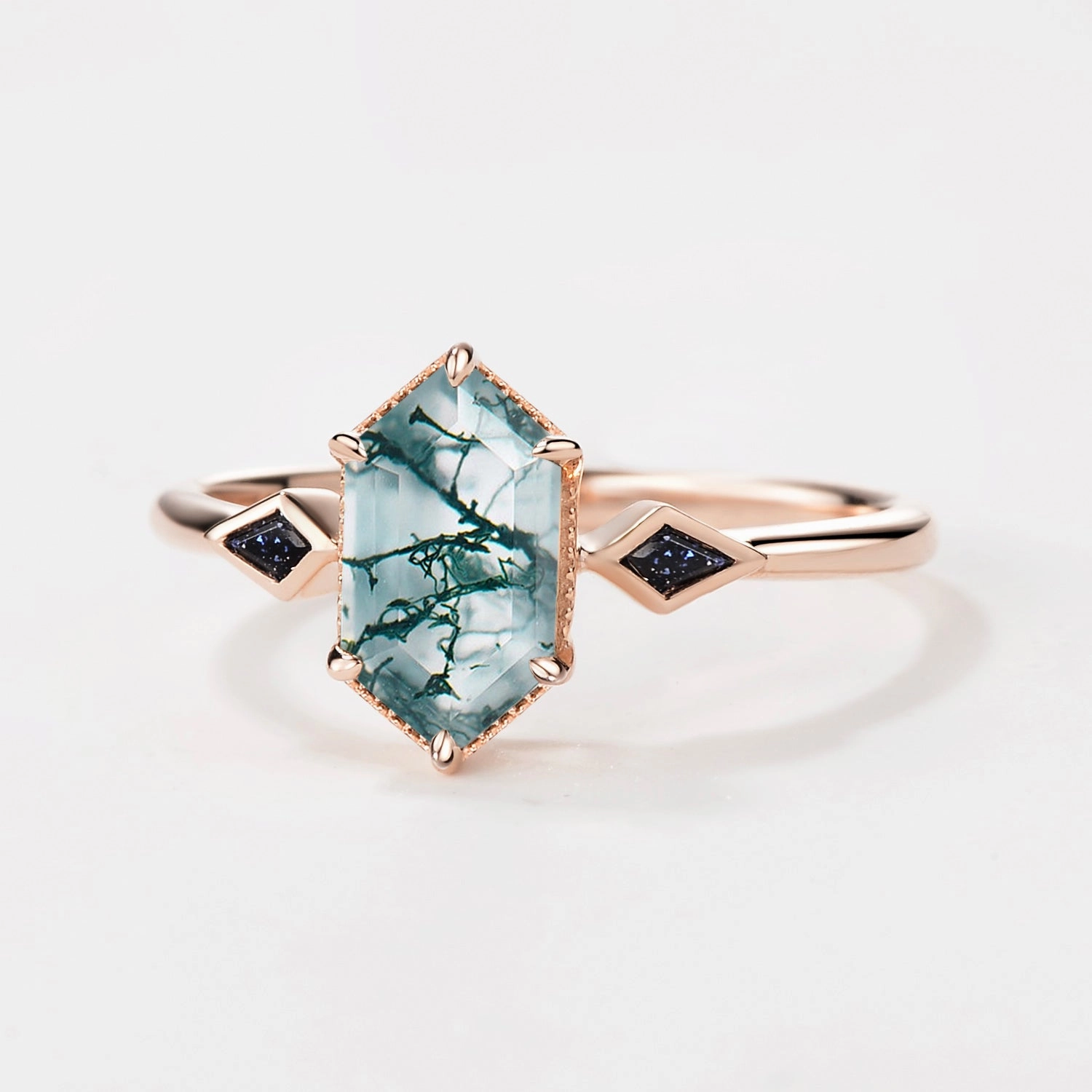 Charming Look Spark Touch Three Stone Hexagon Moss Agate & Kite Blue Sandstone Engagement Ring