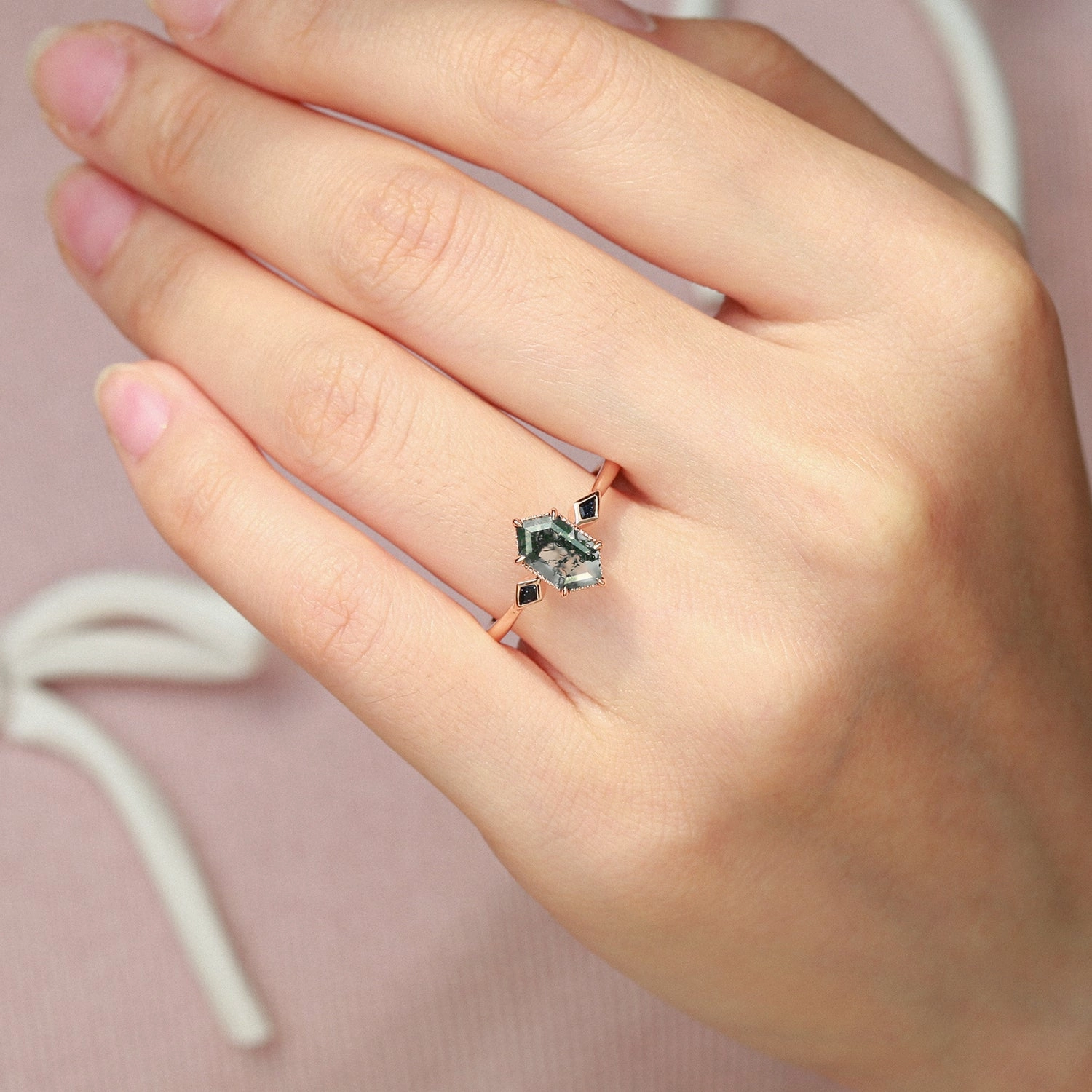 Three Stone Hexagon Moss Agate & Kite Blue Sandstone Engagement Ring Lightweight Look