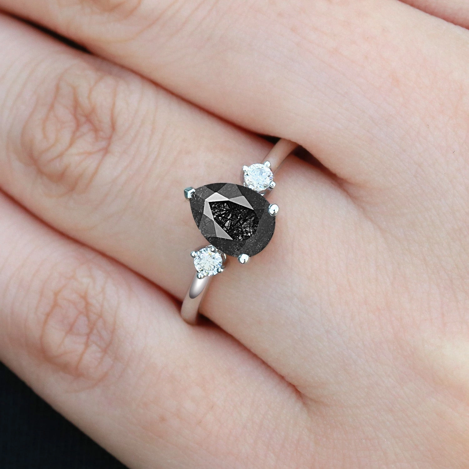 Clean Sparkle Amazing Statement Pear Black Rutilated Quartz Three Stone Vintage Ring