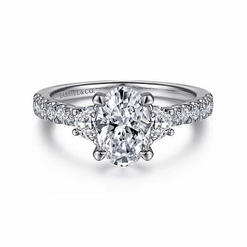Isabel - 14K White Gold Oval Three Stone Diamond Engagement Ring Unique Finish Opulent Sparkle