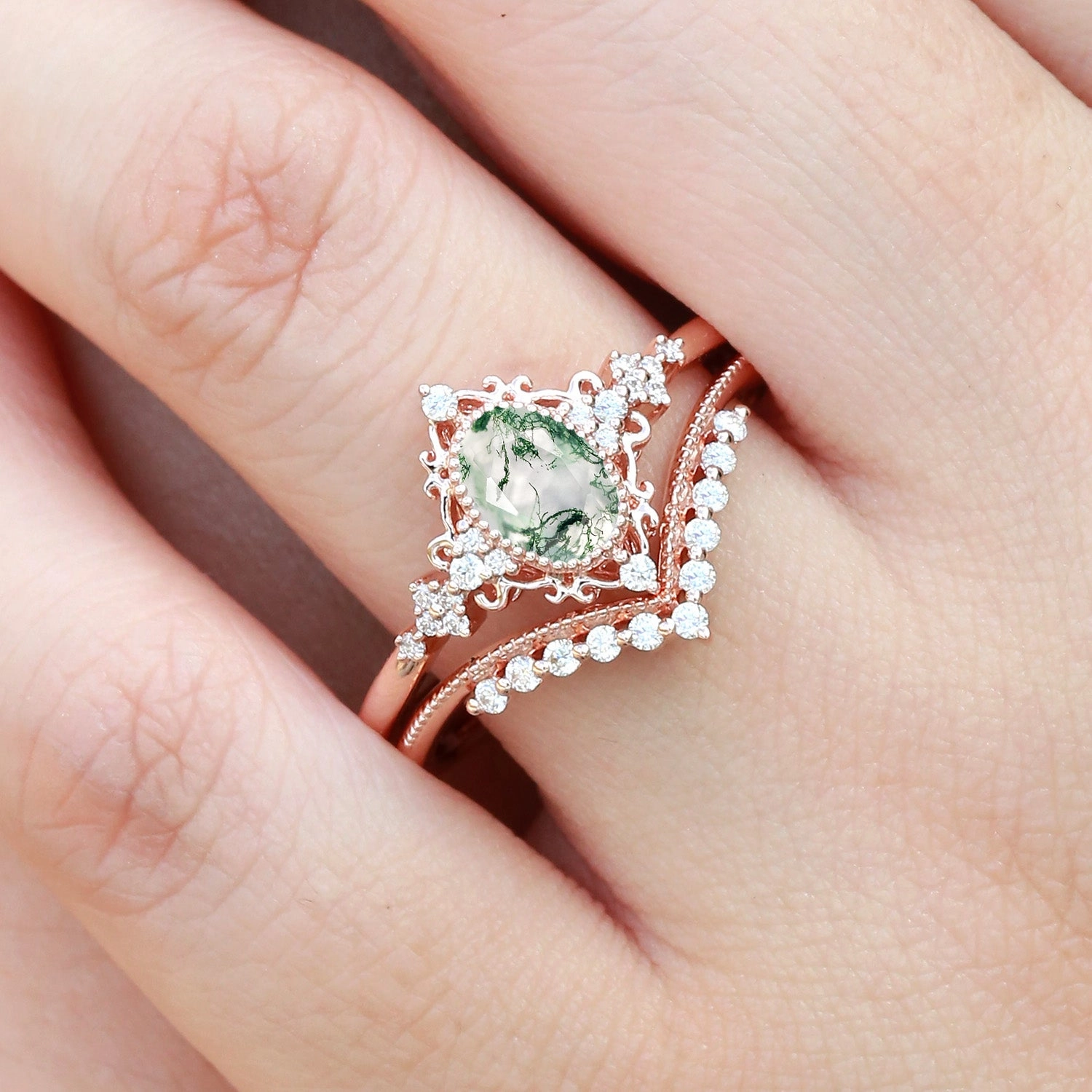 Oval Cut Vintage Moss Agate Engagement Ring Set 2pcs - Eira Quality Piece Affordable Emblem