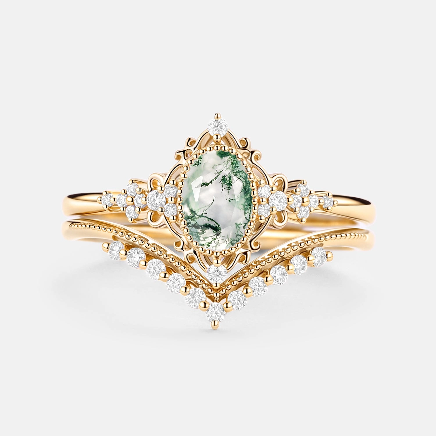 Oval Cut Vintage Moss Agate Engagement Ring Set 2pcs - Eira Soft Glow Personal Adornment