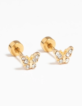 Lustrous Design Sophisticated Charm Kids Gold Plated Surgical Steel Diamante Butterfly Flat Back Earrings