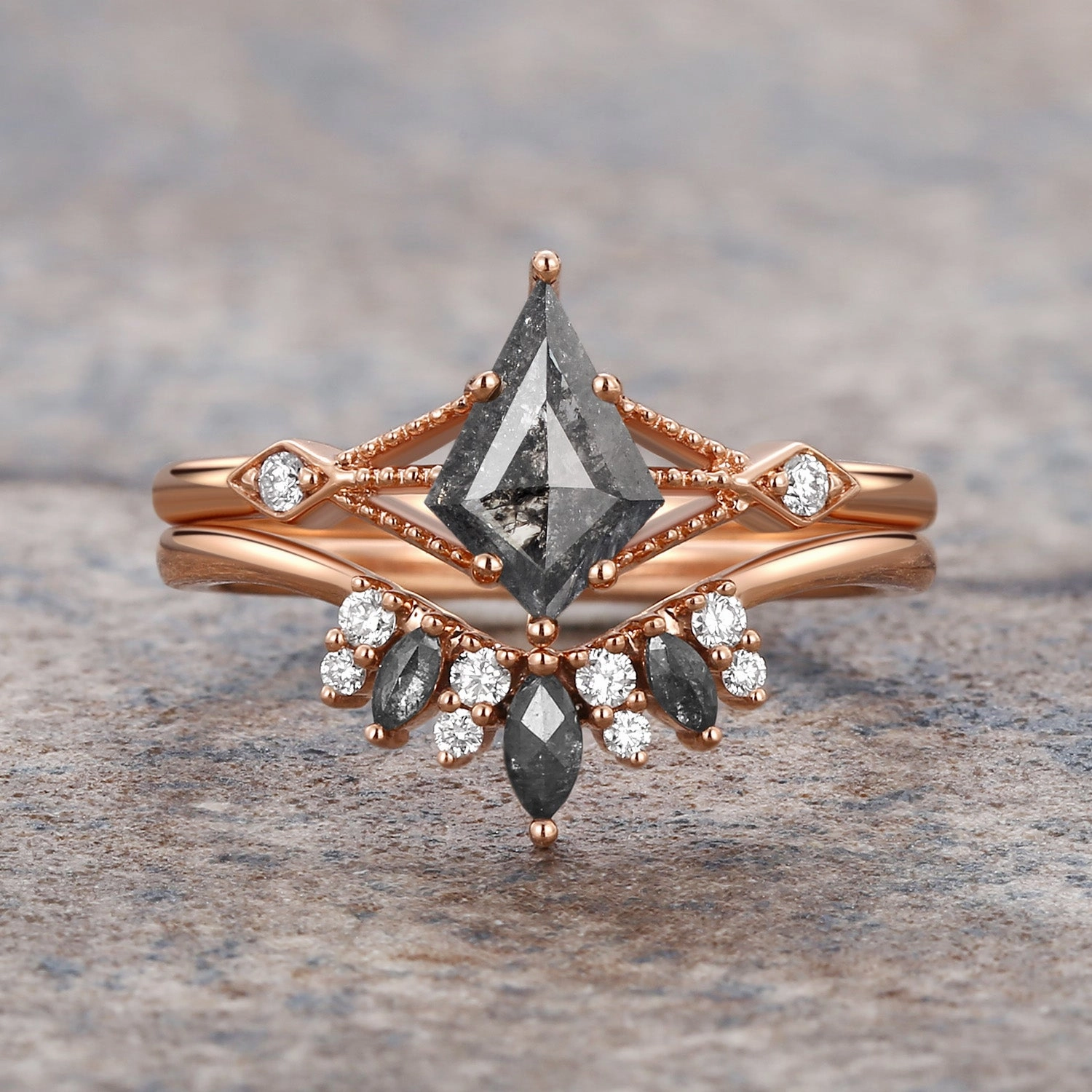 Trend Piece Kite & Marquise Salt and Pepper Diamonds Black Engagement Ring Set 2pcs