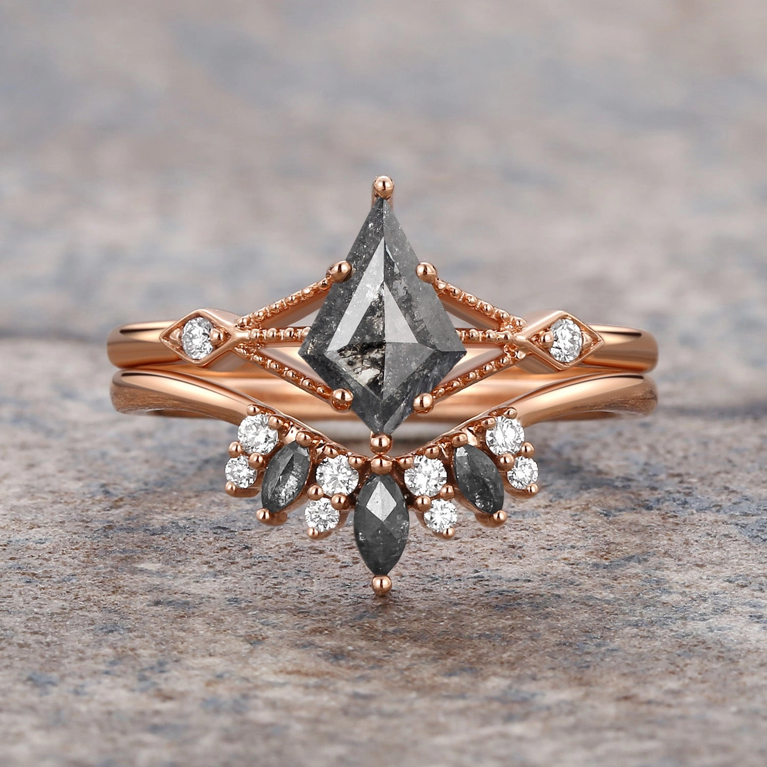 Distinctive Piece Kite & Marquise Salt and Pepper Diamonds Black Engagement Ring Set 2pcs