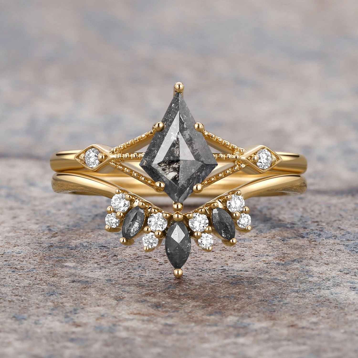 Kite & Marquise Salt and Pepper Diamonds Black Engagement Ring Set 2pcs Subtle Elegance Contemporary Form