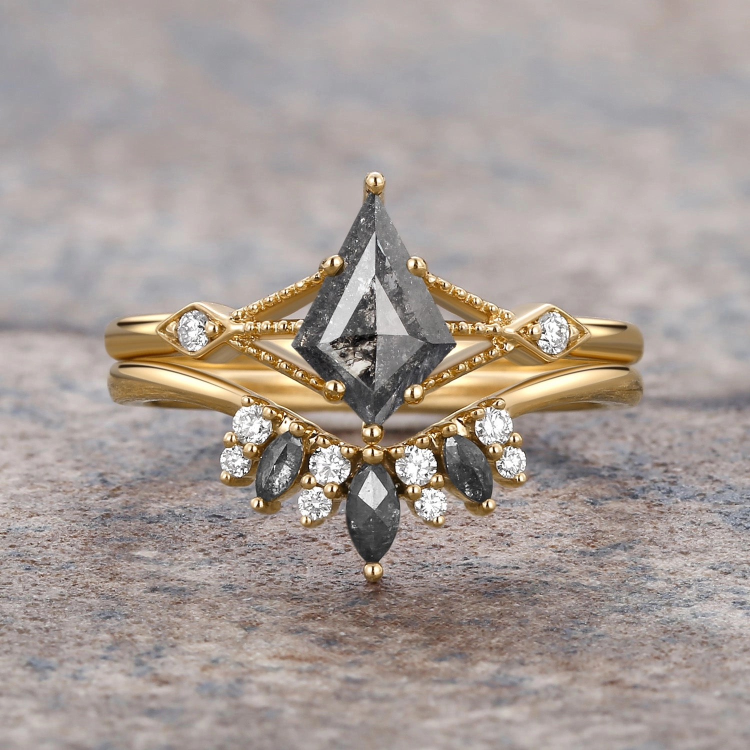 All Event Kite & Marquise Salt and Pepper Diamonds Black Engagement Ring Set 2pcs